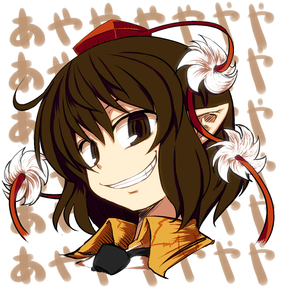 nanatsume, shameimaru aya, touhou, bad id, bad pixiv id, translated, 1girl, ayaya~, female focus, grin, hat, looking at viewer, pointy ears, short hair, smile, solo, tokin hat, troll face