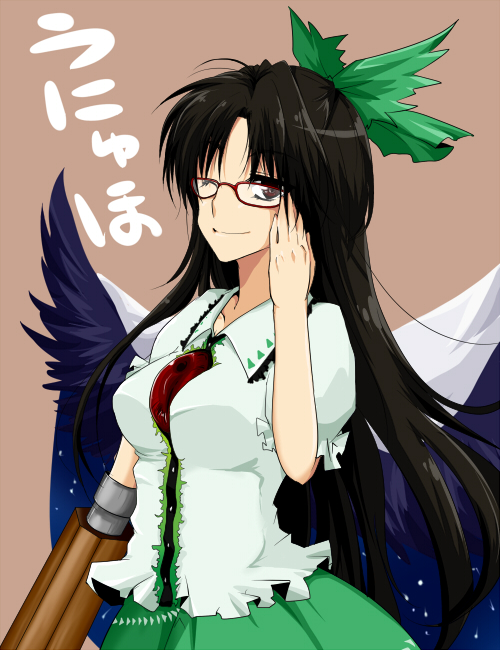ifuji sakura, reiuji utsuho, touhou, translated, 1girl, bespectacled, black hair, bow, female focus, glasses, hair bow, long hair, one eye closed, red eyes, solo, unyu, wings, wink