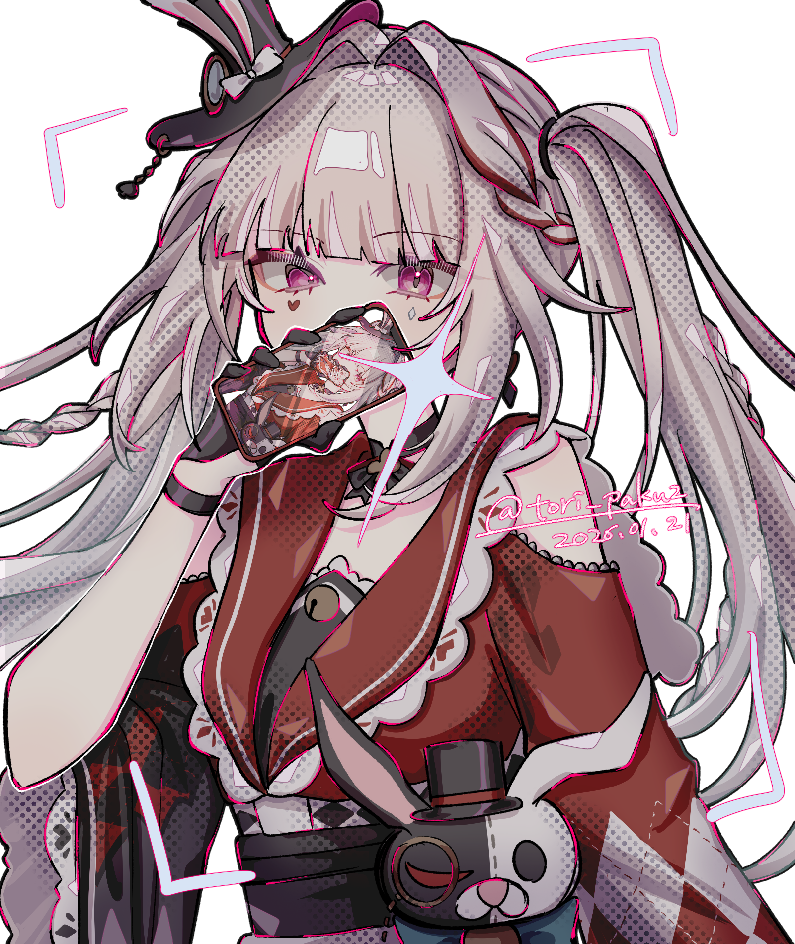 sparkle (honkai: star rail), sparxie (honkai: star rail), honkai: star rail, honkai (series), commentary, highres, 1girl, animal ears, argyle clothes, bow, braid, choker, clothing cutout, dress, facial mark, hat, holding, holding phone, phone, pink eyes, rabbit ears, red streaks, selfie, shoulder cutout, side braid, signature, sparkle, toriniku (tori paku2), twintails, white hair