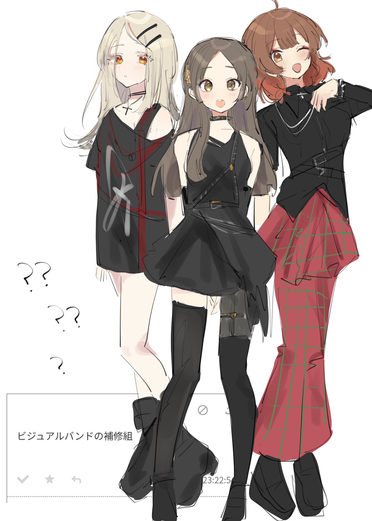 hanami ume, kuramoto china, shinosawa hiro, gakuen idolmaster, idolmaster, odaibako, commentary request, highres, translation request, 3girls, ?, ahoge, arms behind back, belt, black belt, black boots, black choker, black dress, black shirt, black shoes, black thighhighs, blonde hair, blush, boots, brown hair, choker, collared shirt, colored eyelashes, cross, cross necklace, dress, fan request, flipped hair, full body, goth fashion, hair ornament, hairclip, hand on own chest, jewelry, latin cross, laurels, leaf hair ornament, long hair, long skirt, looking at viewer, medium hair, multiple girls, necklace, one eye closed, open mouth, orange eyes, parallel hairclips, parted bangs, parted lips, red skirt, request inset, ruo 015, shirt, shoes, short dress, single off shoulder, skirt, sleeveless, sleeveless dress, standing, t-shirt, thighhighs, white background