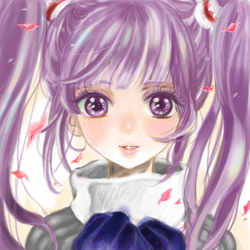 j-peg, sophie (tales), tales of (series), tales of graces, bad id, bad pixiv id, 1girl, female focus, no lineart, portrait, purple eyes, purple hair, solo, twintails, white background