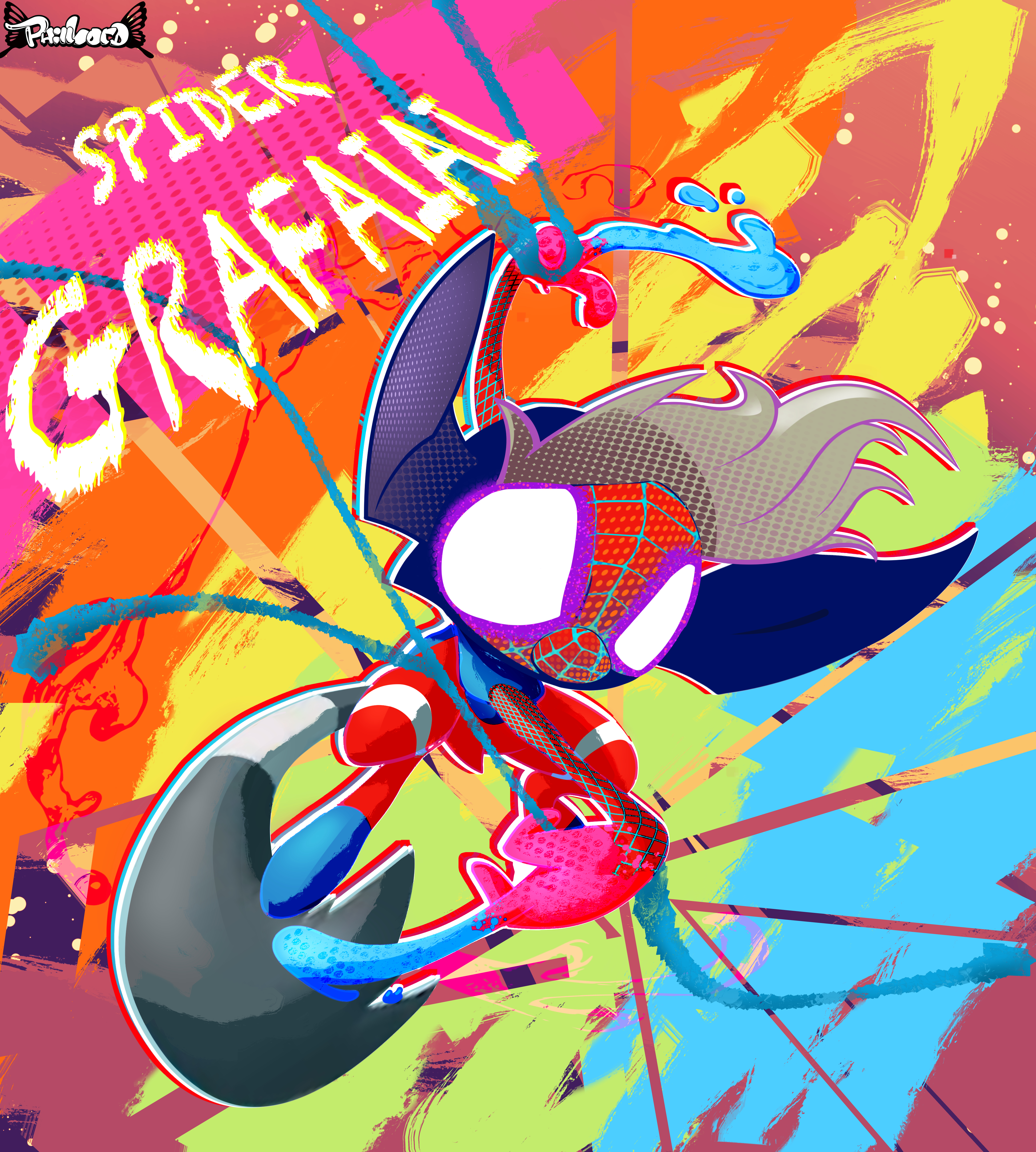 sonic phillipxd001, grafaiai, marvel, nintendo, pokemon, spider-man: into the spider-verse, spider-man (series), spider-verse, absurdres, commentary, english commentary, highres, character name, full body, no humans, paint, pokemon (creature), pokemon focus, solo, superhero costume