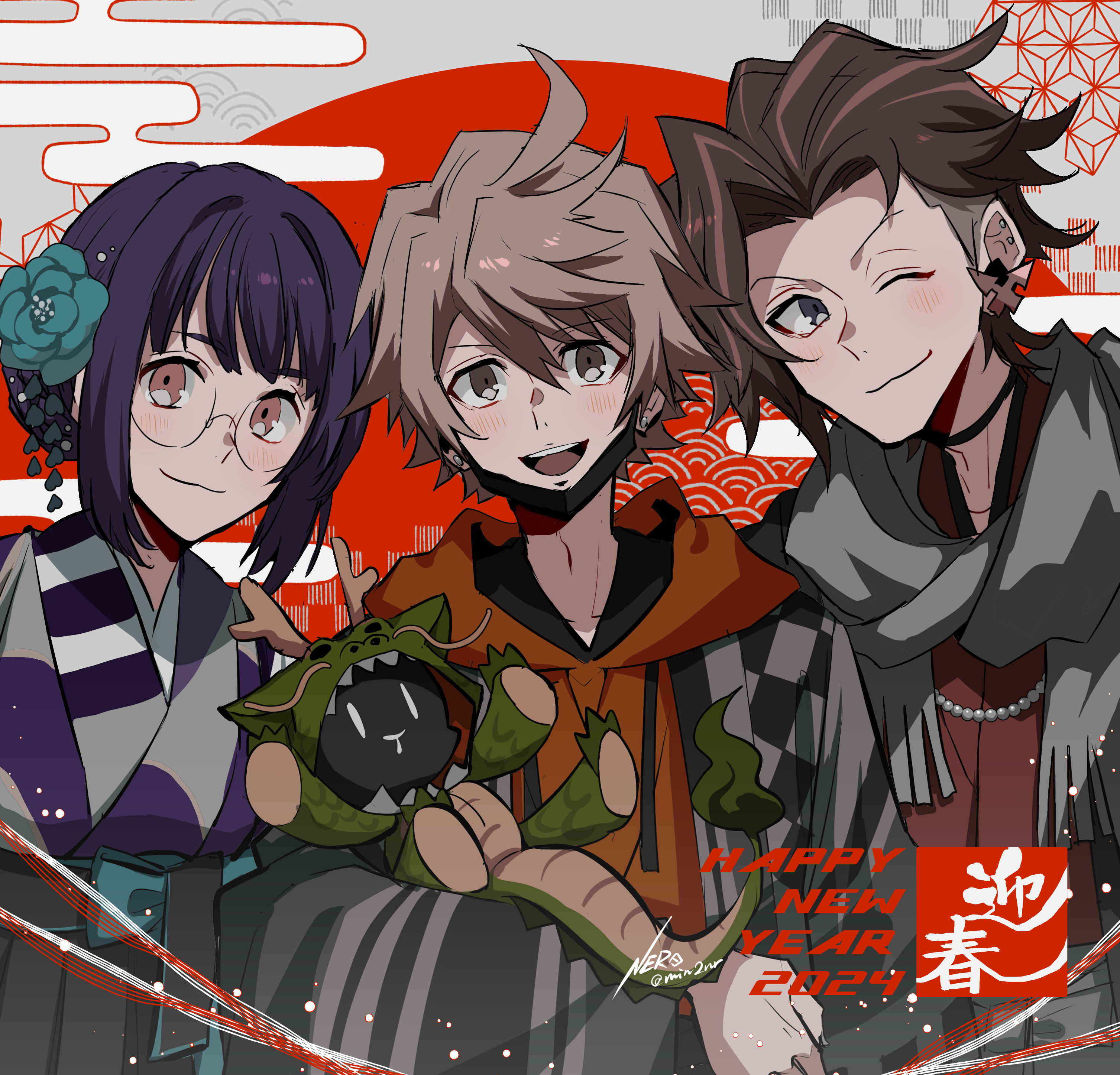 eme (204), furesawa tosai, kanade rindo, nyantan, usui nagi, shin subarashiki kono sekai, subarashiki kono sekai, 1girl, 2boys, alternate hairstyle, blonde hair, blue eyes, blush, brown eyes, brown hair, eyebrows hidden by hair, glasses, hair tied back, happy new year, hoodie, japanese clothes, kimono, multicolored hair, multiple boys, new year, obi, one eye closed, open mouth, orange hoodie, purple hair, round eyewear, sash, smile, two-tone hair, undercut, wink