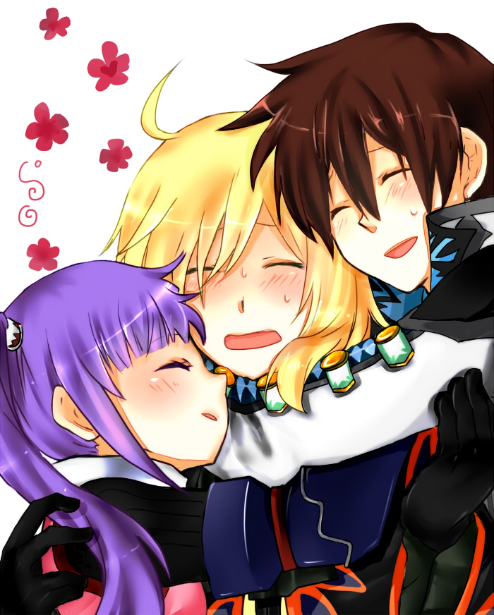 asbel lhant, richard (tales), sophie (tales), tales of (series), tales of graces, bad id, bad pixiv id, 1girl, 2boys, blonde hair, brown hair, hug, multiple boys, purple hair