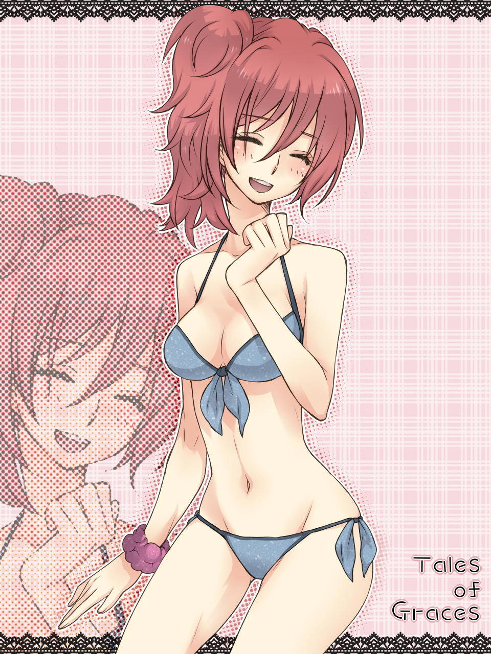 ruki, cheria barnes, tales of (series), tales of graces, bad id, bad pixiv id, highres, 1girl, bikini, blue bikini, bracelet, breasts, closed eyes, copyright name, cowboy shot, female focus, front-tie bikini top, front-tie top, jewelry, lowleg, lowleg bikini, lowleg panties, medium breasts, outline, panties, pink background, pink hair, side-tie bikini bottom, solo, swimsuit, underwear, zoom layer