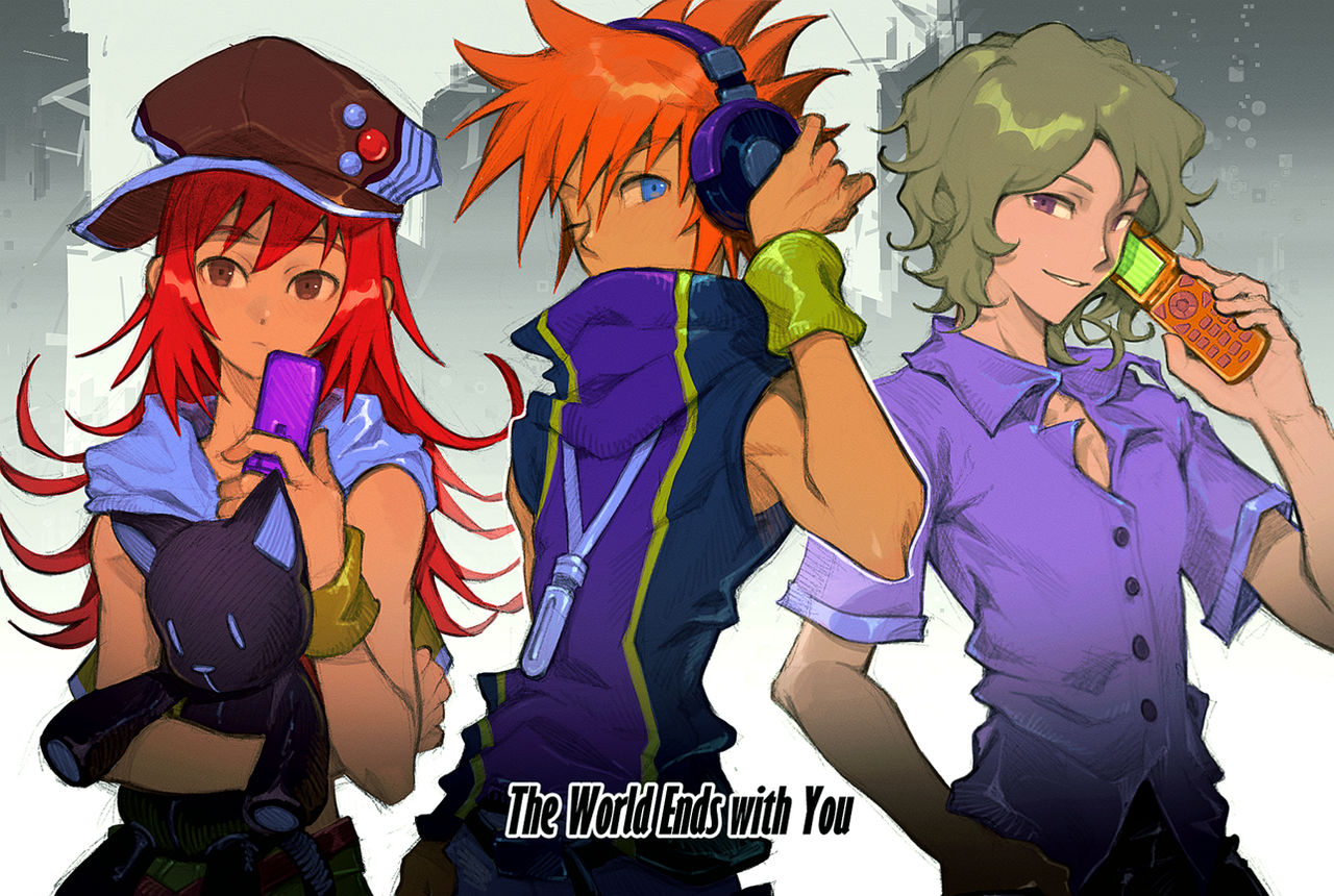 kiryu yoshiya, misaki shiki, nyantan, sakuraba neku, subarashiki kono sekai, 2boys, blue eyes, brown eyes, cellphone, flip phone, grey hair, hand on headphones, hat, headphones, high collar, holding, holding phone, holding stuffed toy, mp3 player, multiple boys, newsboy cap, one eye closed, orange hair, phone, purple eyes, red hair, shirt, sleeveless, sleeveless shirt, spiked hair, stuffed animal, stuffed cat, stuffed toy, sweatband, upper body