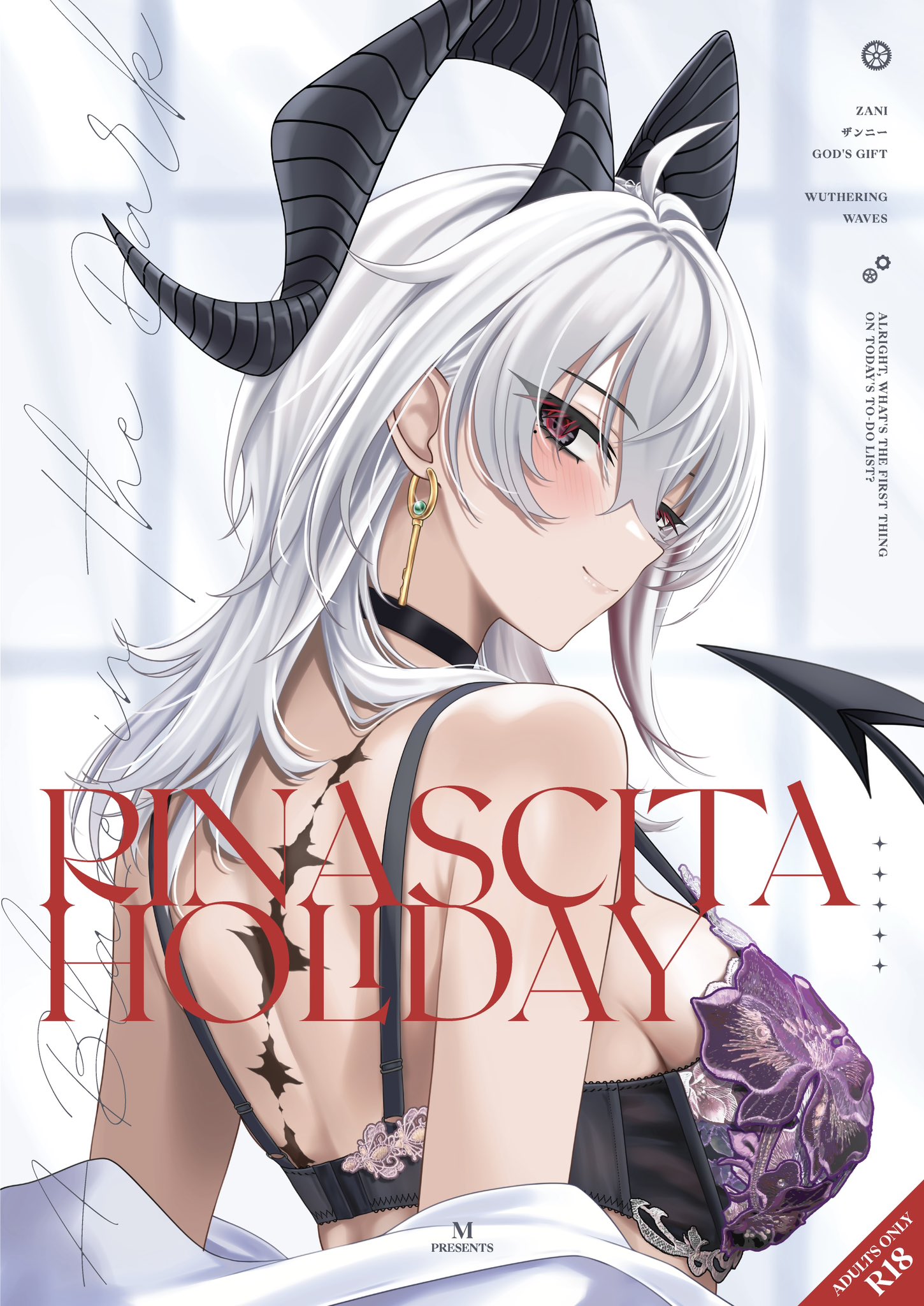 m (1n910), zani (wuthering waves), wuthering waves, chinese commentary, commentary request, highres, 1girl, ahoge, artist name, bare shoulders, black horns, blush, bra, breasts, closed mouth, cover, cover page, curled horns, earrings, grey hair, horns, jewelry, key earrings, large breasts, lingerie, long hair, looking at viewer, looking back, median furrow, mole, mole under eye, purple bra, red eyes, smile, solo, tacet mark (wuthering waves), underwear, upper body