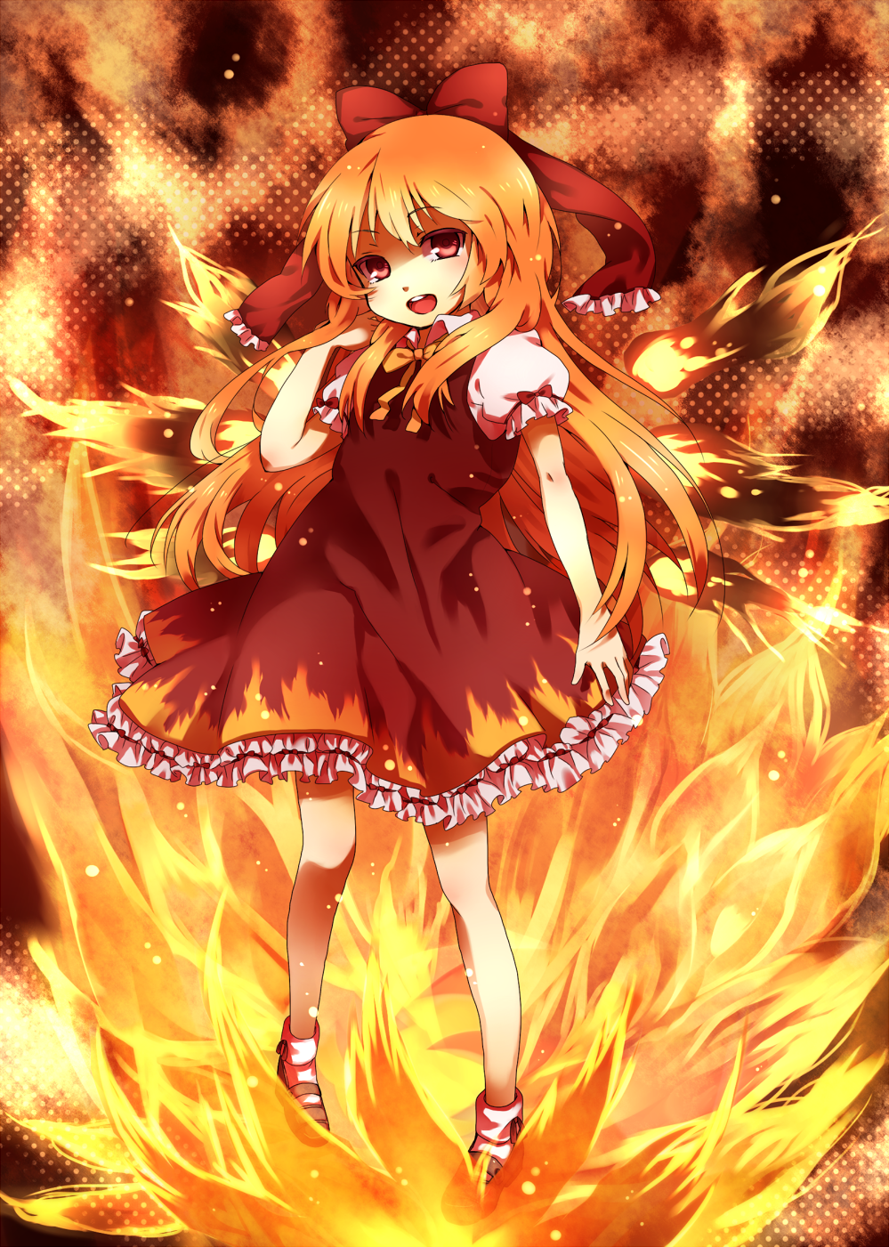 kurasaki moroko, achi cirno, cirno, touhou, bad id, bad pixiv id, highres, 1girl, alternate color, alternate element, bow, female focus, fiery wings, fire, hair bow, long hair, red eyes, red hair, solo, wings