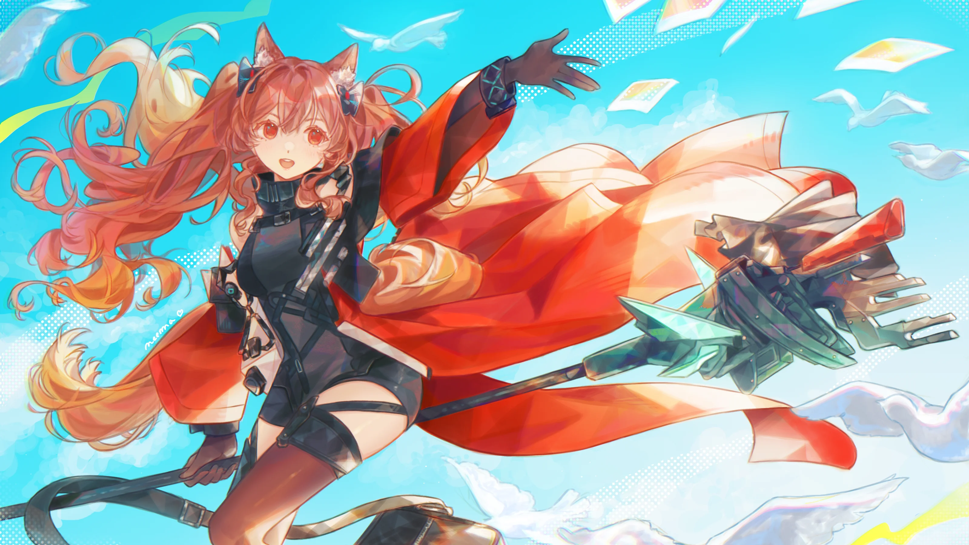 neema (oneemasan), angelina (arknights), gilberta (arknights), infection monitor (arknights), arknights, arknights: endfield, absurdres, highres, 1girl, :d, animal ear fluff, animal ears, arm up, bag, bare shoulders, black bag, black dress, black gloves, black thighhighs, blue sky, bracelet, breasts, cloud, coat, dress, elbow gloves, floating paper, fox ears, fox girl, gloves, high collar, holding, holding staff, impossible clothes, impossible dress, jewelry, long hair, long sleeves, looking at viewer, looking to the side, medium breasts, messenger bag, off shoulder, open clothes, open coat, open mouth, orange eyes, outdoors, polaroid photo, red coat, short dress, shoulder bag, sky, sleeveless, sleeveless dress, smile, solo, staff, staff riding, teeth, thighhighs, twintails, upper teeth only, wide sleeves, zettai ryouiki