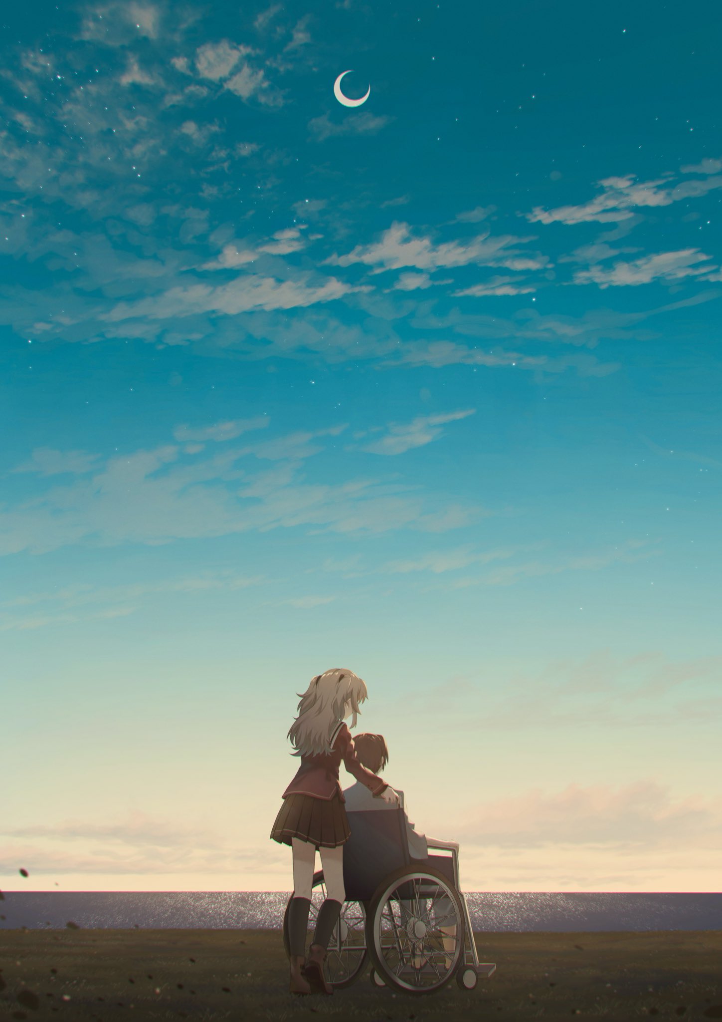 asukake project, otosaka yuu, tomori nao, charlotte (anime), commentary, highres, 1boy, 1girl, black socks, brown shoes, brown skirt, crescent moon, grass, grey hair, hoshinoumi academy school uniform, kneehighs, long hair, moon, ocean, red shirt, school uniform, serafuku, shirt, shoes, short hair, skirt, sky, socks, star (sky), starry sky, two side up, wheelchair, wide shot