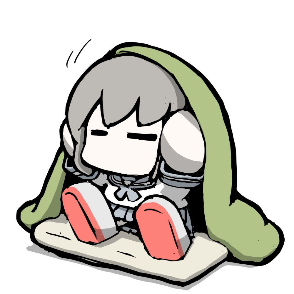 task (s task80), fubuki (kancolle), kantai collection, commentary request, 1girl, breasts, chibi, chibi only, closed eyes, futon, grey hair, grey sailor collar, grey skirt, medium breasts, no mouth, pleated skirt, sailor collar, sailor shirt, school uniform, serafuku, shirt, simple background, skirt, solo, under covers, white background