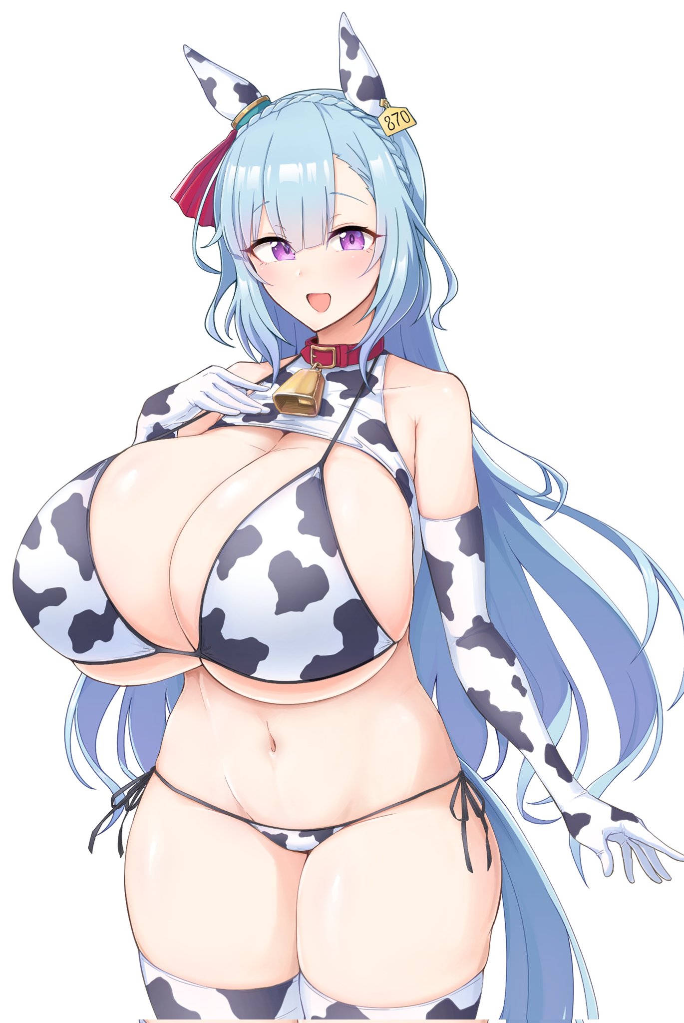 itsme milk, mejiro ardan (umamusume), umamusume, commentary request, highres, 1girl, animal ears, animal print, bell, bikini, blue hair, braid, breasts, cow print, cow print bikini, cow print gloves, cowbell, crown braid, ear ornament, ear tag, gloves, horse ears, horse girl, large breasts, navel, open mouth, print bikini, print gloves, purple eyes, solo, swimsuit