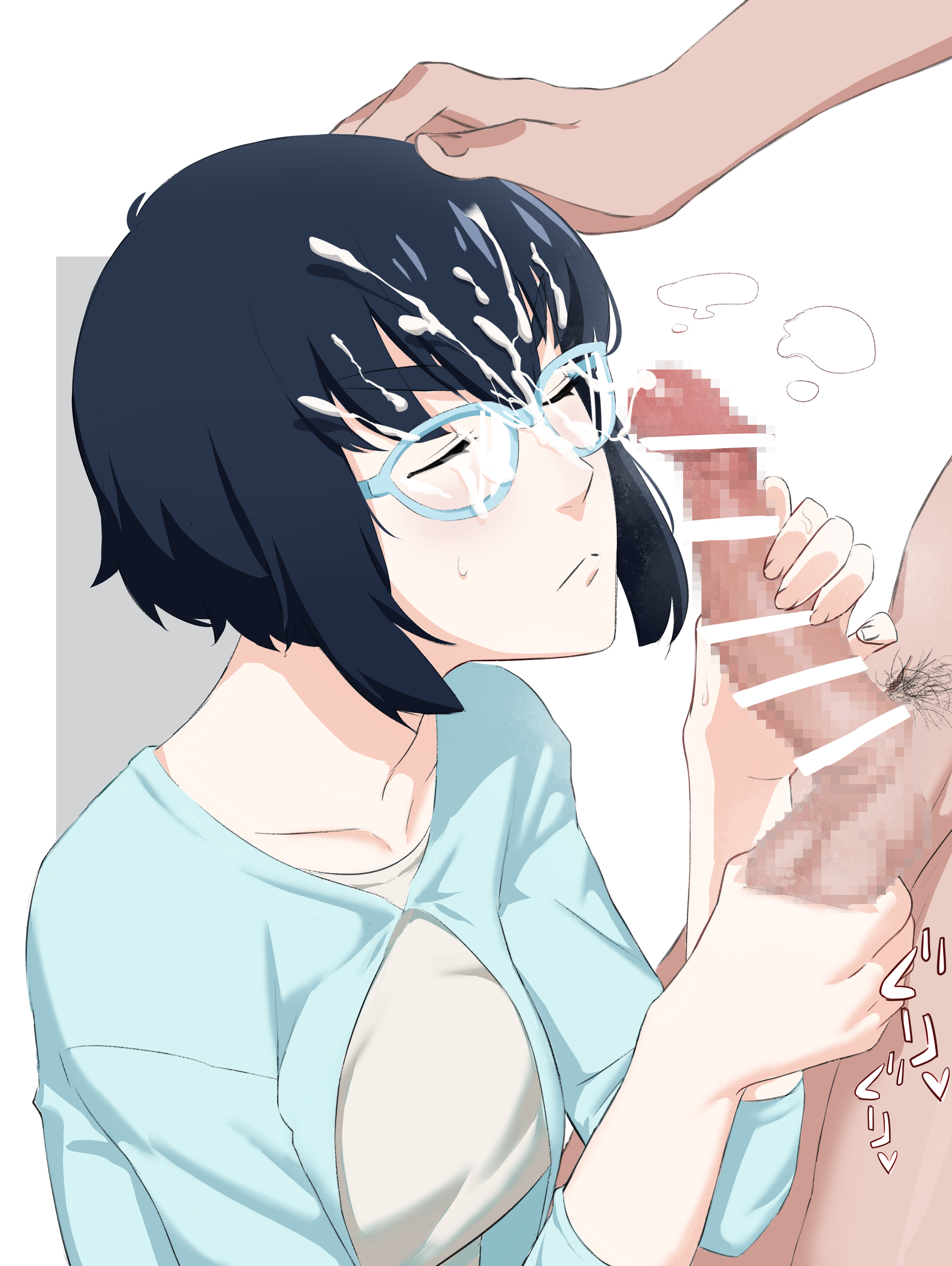 hghwaytohell, kiryuuin satsuki, kill la kill, absurdres, commentary request, commission, highres, pixiv commission, 1boy, 1girl, bar censor, black hair, blue-framed eyewear, censored, closed eyes, clothed female nude male, cum, cum on body, cum on eyewear, cum on hair, facial, glasses, grabbing another's testicles, handjob, hetero, mosaic censoring, nude, penis, short hair, sidelocks