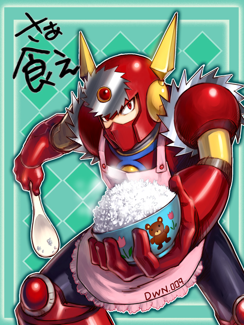ebishima yutaka, metal man, capcom, mega man (classic), mega man (series), mega man 2, bad id, bad pixiv id, translated, 1boy, apron, bear, bowl, circular saw, flower, incoming food, male focus, mask, red eyes, rice, rice bowl, saw, shamoji, solo, spoon