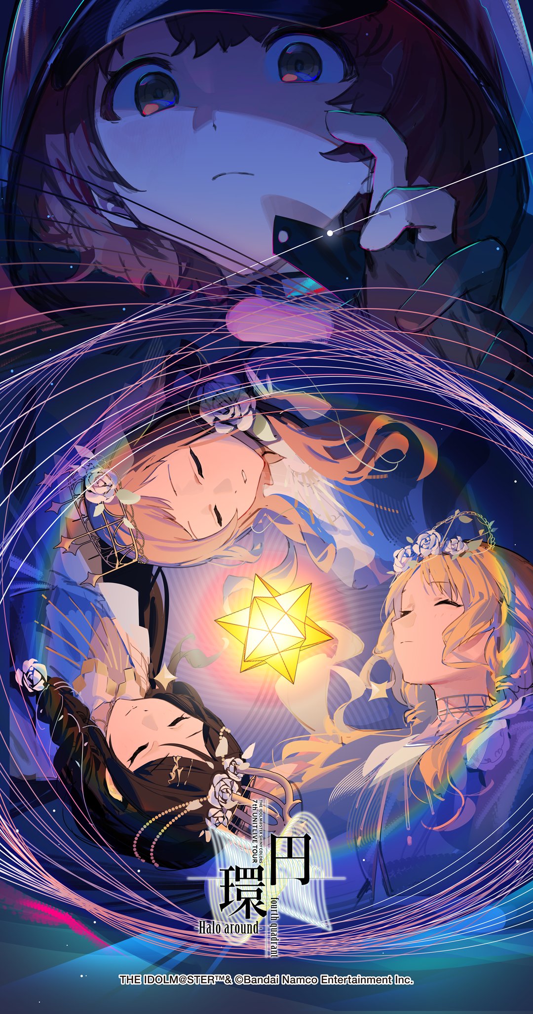 zhili xingzou, hachimiya meguru, ikuta haruki, kazano hiori, sakuragi mano, idolmaster, idolmaster shiny colors, commentary request, highres, 4girls, black gloves, blonde hair, blue dress, closed eyes, dress, gloves, illumination stars (idolmaster), long hair, multiple girls, red hair, yellow eyes