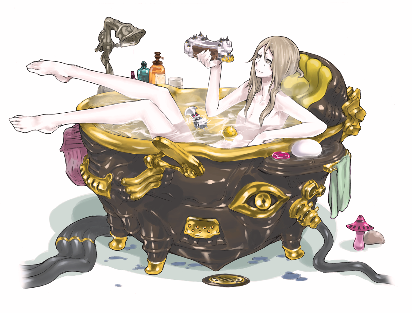 ishinarimaru shouten, pixiv fantasia, pixiv fantasia 4, 1girl, barefoot, bath, bathing, bathtub, brown eyes, brown hair, claw foot bathtub, female focus, flat chest, long hair, nude, solo, water, wet