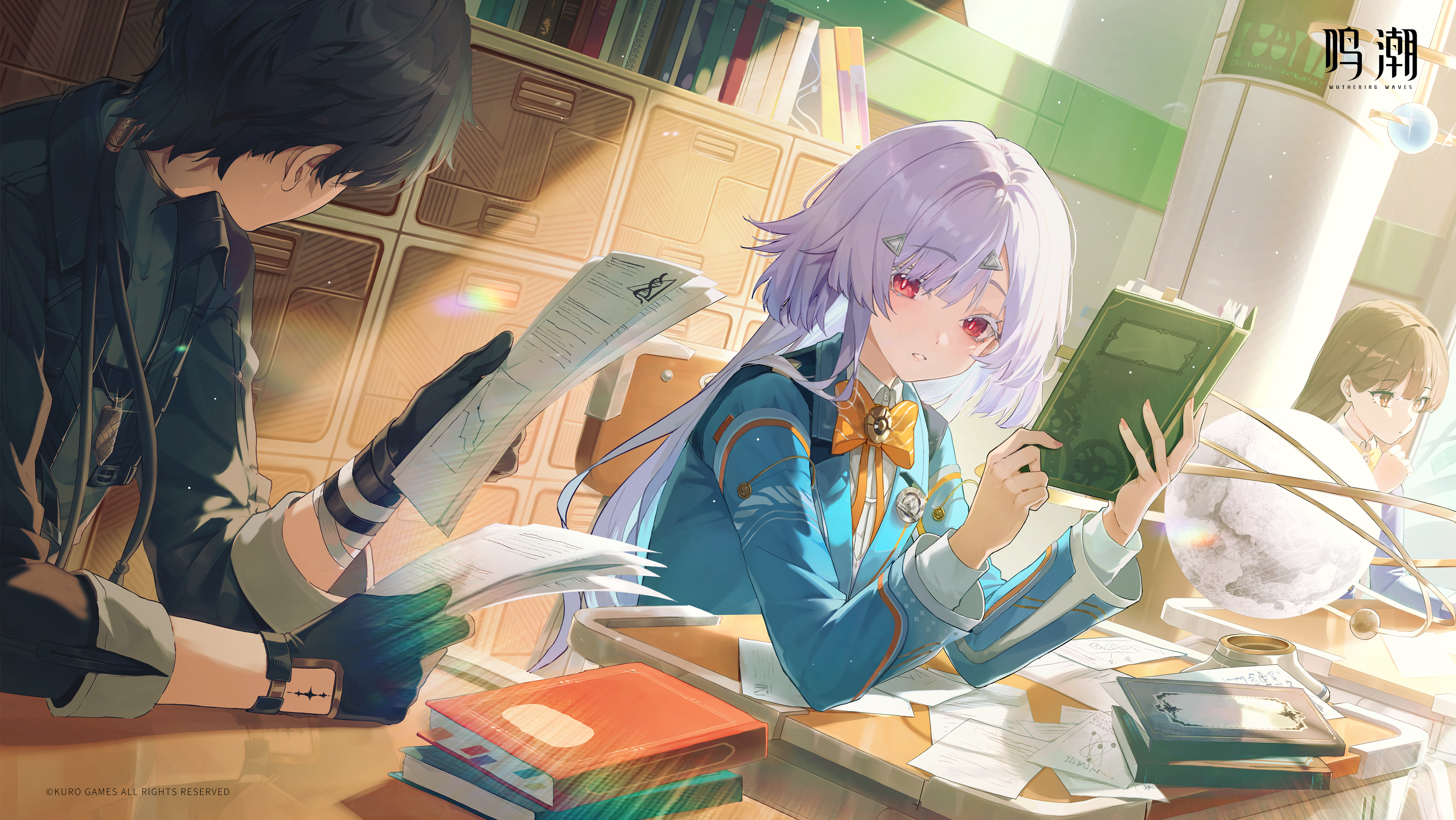 male rover (wuthering waves), mornye (wuthering waves), rover (wuthering waves), wuthering waves, absurdres, highres, official art, 2girls, aqua jacket, black gloves, black hair, black jacket, book, book stack, bow, bowtie, classroom, colored eyelashes, gloves, grey hair, holding, holding book, holding paper, indoors, jacket, logo, long hair, long sleeves, looking at viewer, multiple girls, orange bow, orange bowtie, paper, parted lips, red eyes, tacet mark (wuthering waves)