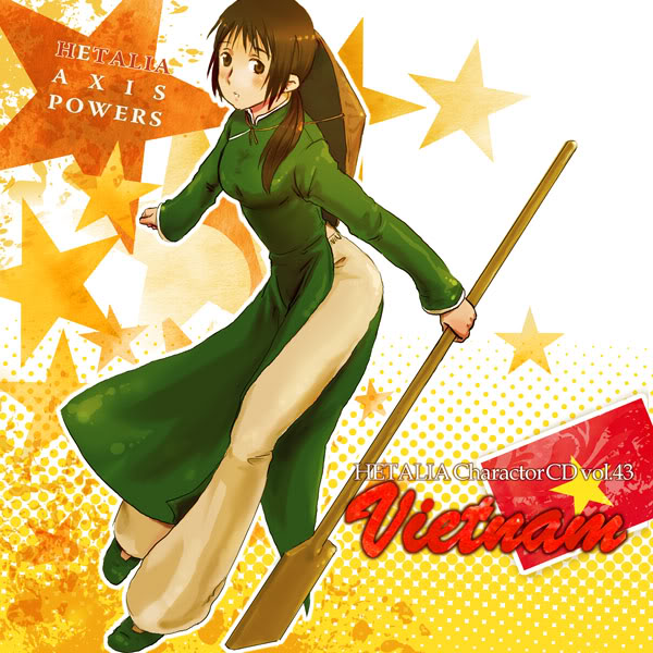 vietnam (hetalia), axis powers hetalia, 1girl, ao dai, blush, brown eyes, brown hair, china dress, chinese clothes, dress, female focus, green dress, hat, looking at viewer, paddle, pants, simple background, solo, standing, white background