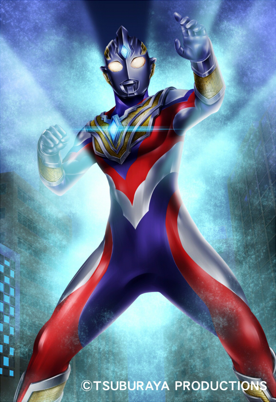 batayan, ultraman trigger, ultraman trigger (multi type), tokusatsu, ultra series, ultraman trigger (series), commentary request, official art, 1boy, alien, armor, breastplate, color timer, colored skin, copyright notice, forehead jewel, giant, gold vambraces, multicolored skin, purple skin, red skin, shin guards, silver skin, solo, yellow eyes