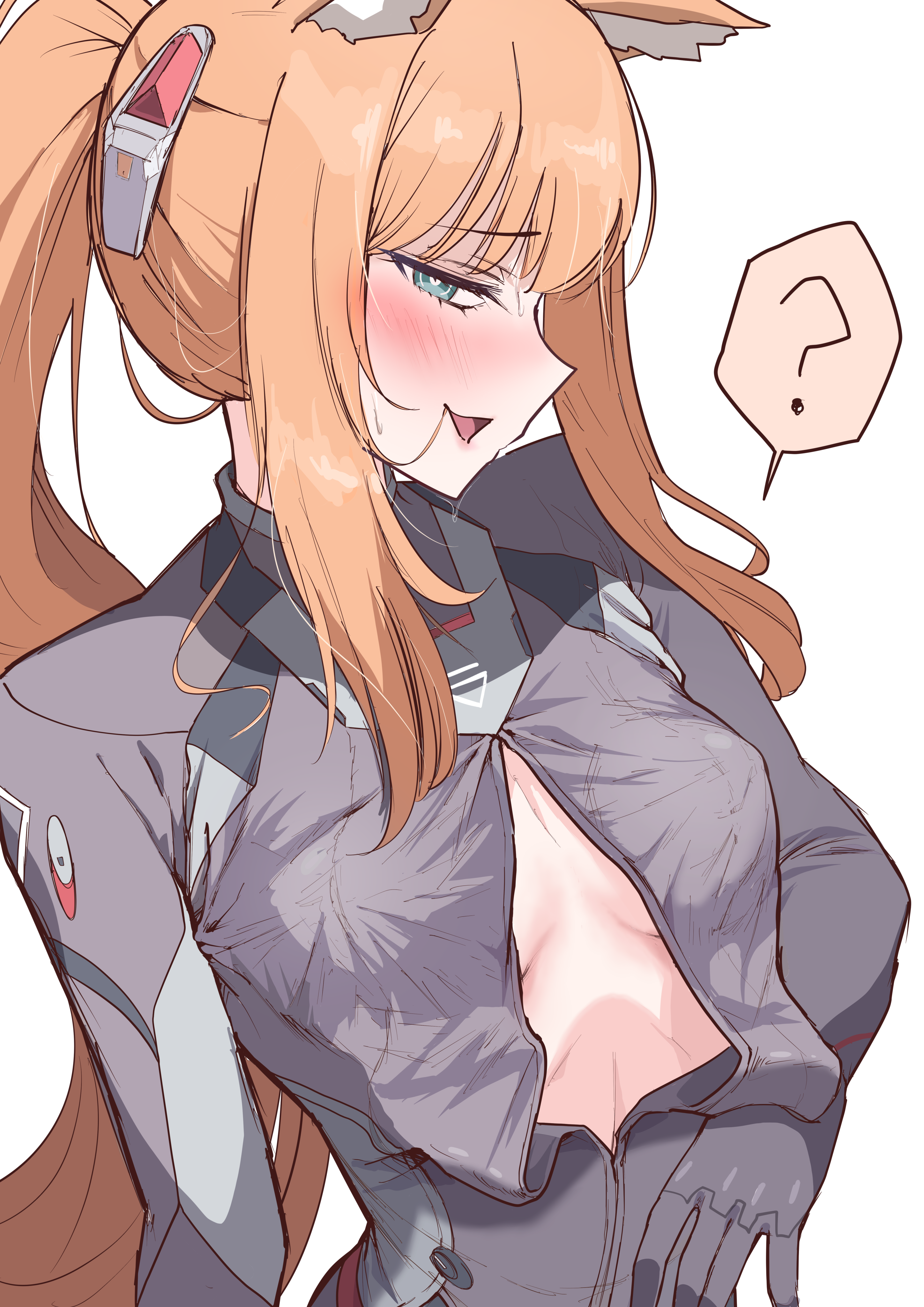 itosu200, mari (blue archive), rio (blue archive), rio (bodysuit) (blue archive), blue archive, absurdres, commentary request, highres, 1girl, ?, animal ears, black bodysuit, blue eyes, blush, bodysuit, breasts, cat ears, cosplay, hair in own mouth, long hair, looking at viewer, loose hair strand, medium breasts, orange hair, ponytail, rio (blue archive) (cosplay), simple background, solo, spoken question mark, white background