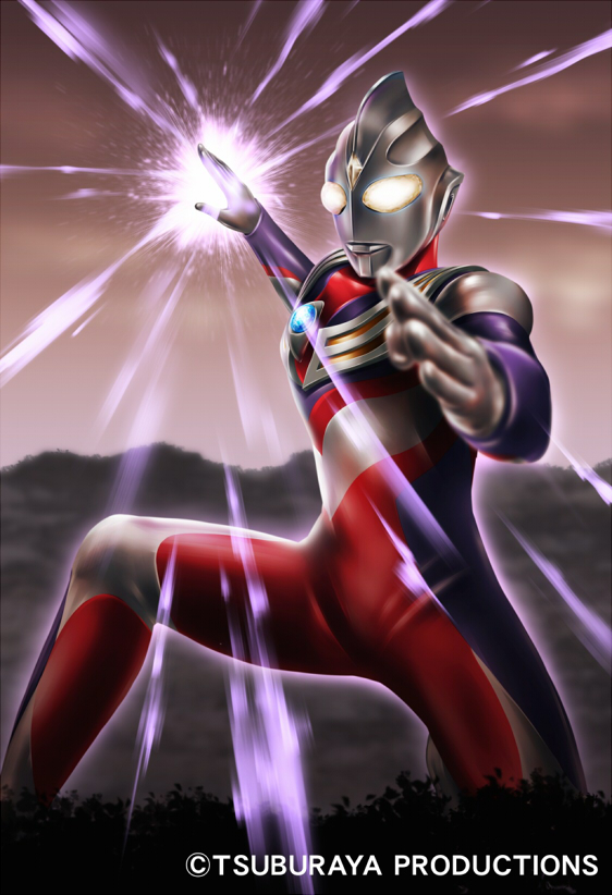 batayan, ultraman tiga, ultraman tiga (multi type), tokusatsu, ultra series, ultraman tiga (series), commentary request, official art, 1boy, alien, armor, breastplate, color timer, colored skin, copyright notice, forehead jewel, giant, glowing, glowing hand, multicolored skin, on one knee, purple skin, red skin, silver skin, solo, yellow eyes
