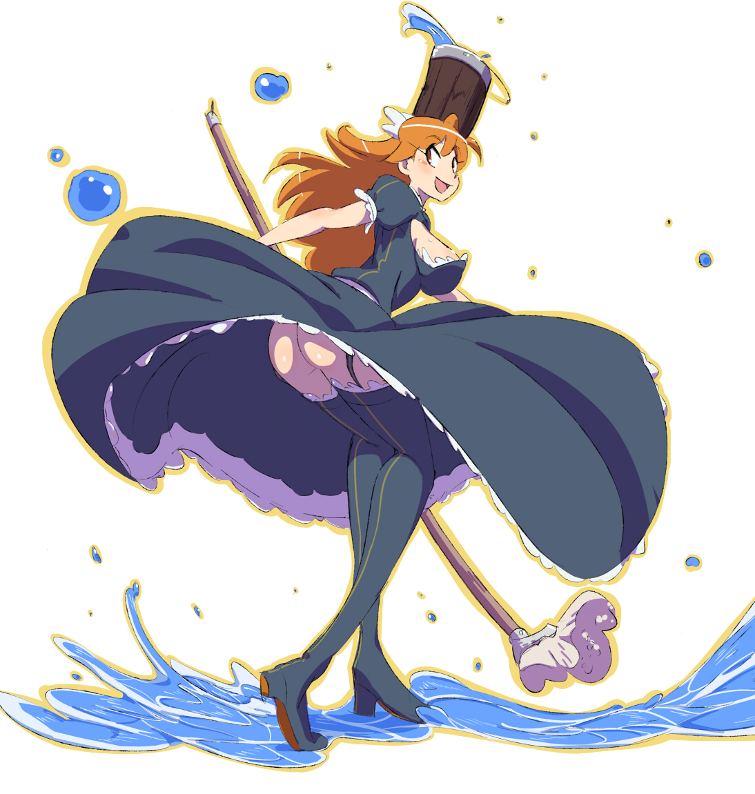 natsumi hajime, original, bad id, bad pixiv id, ass, brown hair, bucket, bucket of water, maid, mop, no panties, solo, thighhighs, upskirt, wind, wind lift