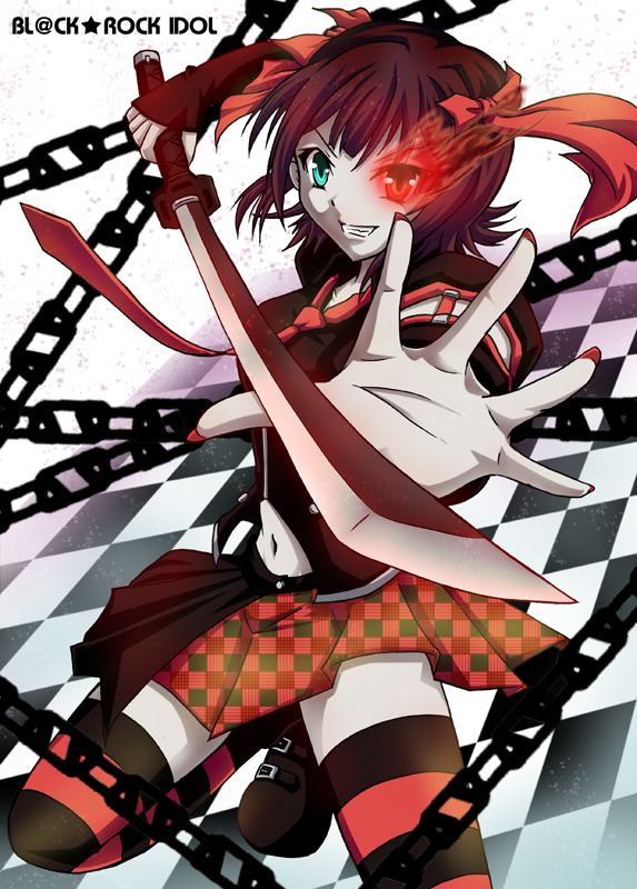 ryusei (green aqua road), amami haruka, dark haruka, idolmaster, idolmaster (classic), 1girl, breasts, brown hair, checkered floor, female focus, fingernails, glowing, glowing eyes, green eyes, grin, hair ribbon, nail (hardware), nail polish, navel, ribbon, short hair, smile, solo, striped clothes, striped thighhighs, sword, thighhighs, weapon, zettai ryouiki