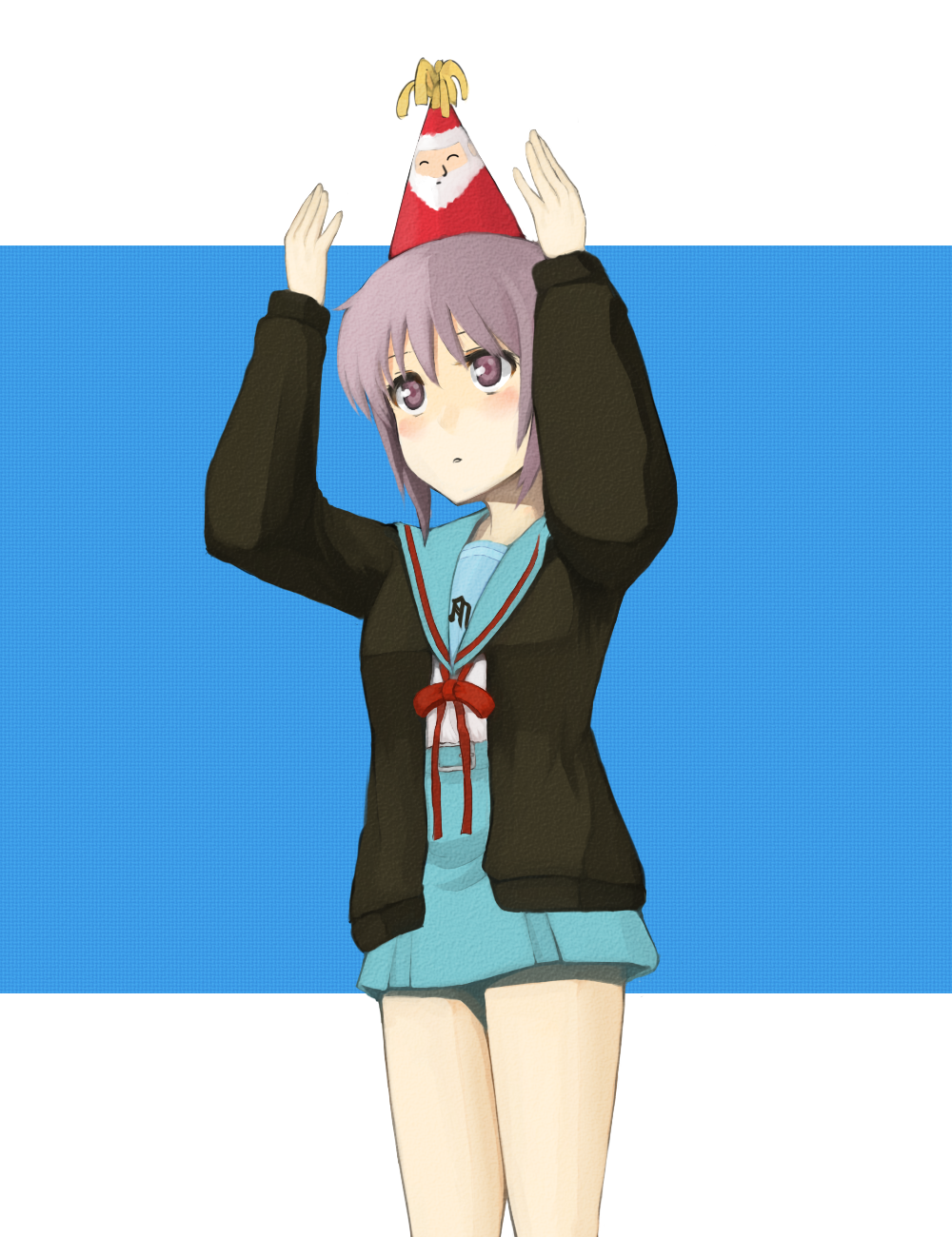 chelle ingham, nagato yuki, santa claus, suzumiya haruhi no yuuutsu, highres, brown eyes, brown hair, cardigan, hat, party hat, school uniform, serafuku, short hair, solo