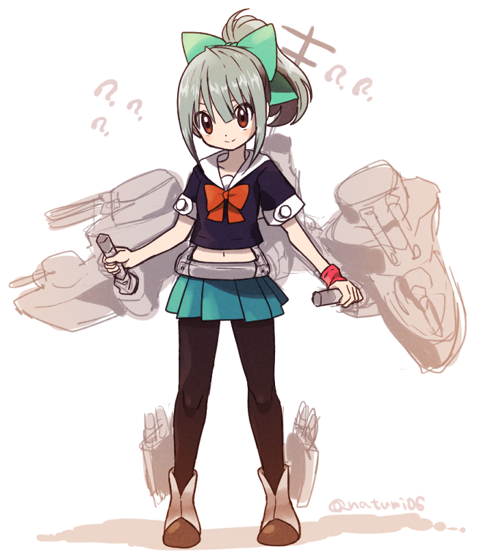 natsumi (natumi06), yuubari (kancolle), kantai collection, commentary request, 1girl, ?, black pantyhose, black shirt, blue skirt, boots, bow, closed mouth, full body, green bow, hair between eyes, hair bow, midriff, navel, pantyhose, pleated skirt, ponytail, rigging, sailor collar, shirt, short sleeves, simple background, skirt, solo, standing, sugimori ken (style), twitter username, white background, wristband
