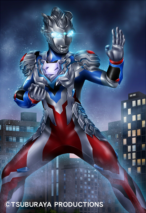 batayan, ultraman z, ultraman z (alpha edge), tokusatsu, ultra series, ultraman z (series), commentary request, official art, 1boy, alien, black skin, blue eyes, blue skin, building, city lights, color timer, colored skin, copyright notice, forehead jewel, giant, glowing, glowing eyes, multicolored skin, night, red skin, silver armor, silver skin, solo
