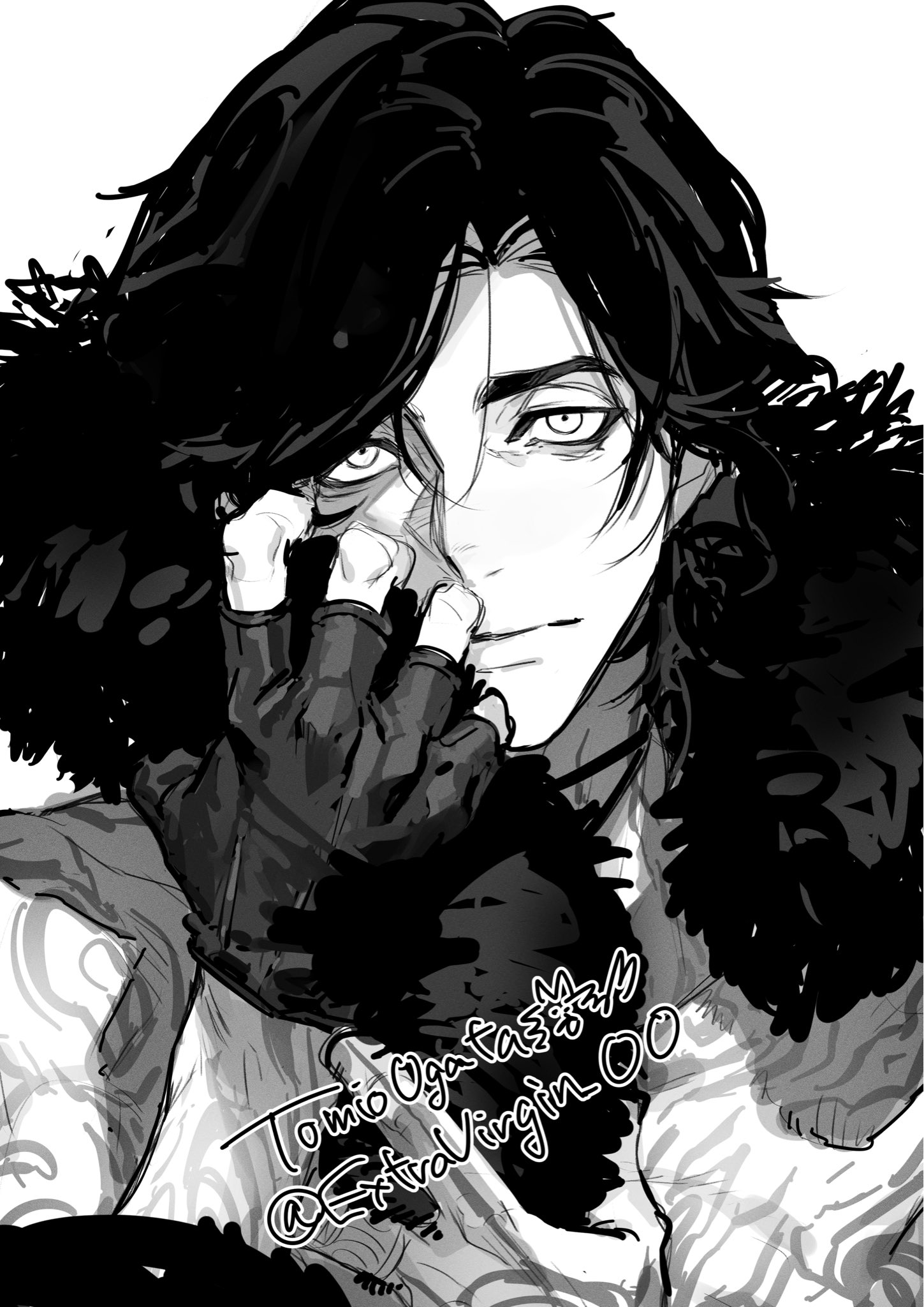 ogata tomio, v (devil may cry), devil may cry (series), devil may cry 5, highres, 1boy, arm tattoo, artist name, chest tattoo, closed mouth, fingerless gloves, gloves, greyscale, hand up, looking at viewer, male focus, monochrome, short hair, simple background, solo, tattoo, topless male, twitter username, upper body