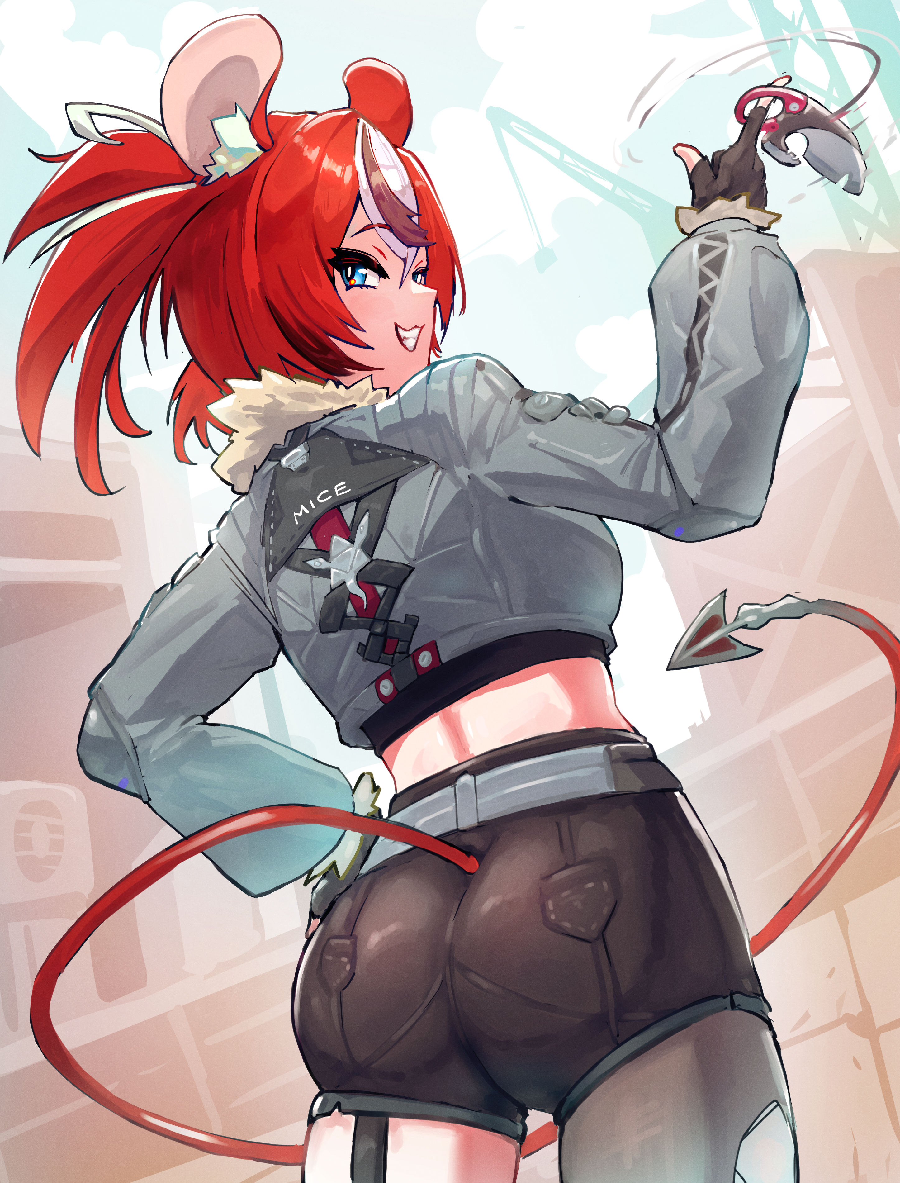 yodogama, hakos baelz, jane doe (zenless zone zero), hololive, hololive english, zenless zone zero, absurdres, commentary, english commentary, highres, 1girl, animal ear fluff, animal ears, arm up, ass, back, belt, black gloves, black hair, black shirt, black shorts, black streaks, blue eyes, clothes writing, cloud, construction site, cosplay, crane (machine), cropped jacket, cropped shirt, fingerless gloves, from behind, fur-trimmed jacket, fur trim, gloves, hair between eyes, hand on own hip, holding, holding weapon, jacket, jane doe (zenless zone zero) (cosplay), knife, looking at viewer, looking back, mouse ears, mouse tail, multicolored hair, outdoors, pants, pantyhose, red hair, shirt, shorts, sky, smile, species connection, spiked tail, spinning weapon, standing, strap, tail, tight clothes, tight pants, torn clothes, torn pantyhose, twintails, uneven twintails, virtual youtuber, weapon, white hair