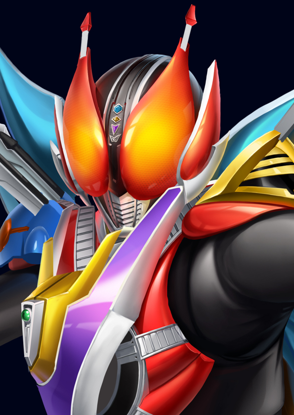 hokuto (hokuto pk), kamen rider den-o, kamen rider den-o super climax form, kamen rider, kamen rider den-o (series), bad id, bad pixiv id, 1boy, antennae, black background, bodysuit, helmet, male focus, simple background, solo, upper body