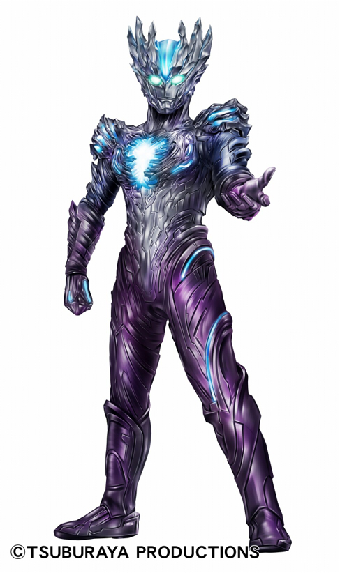 batayan, ultraman saga, tokusatsu, ultra galaxy (series), ultra series, ultraman saga (movie), commentary request, official art, 1boy, alien, blue skin, color timer, colored skin, copyright notice, giant, glowing, glowing eyes, green eyes, multicolored skin, purple skin, reaching, reaching towards viewer, silver skin, solo, white background