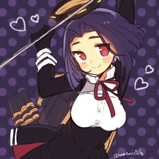 natsumi (natumi06), tatsuta (kancolle), kantai collection, 1girl, black gloves, blush, breasts, dress, gloves, halo, heart, holding, holding polearm, holding weapon, large breasts, long sleeves, looking at viewer, mechanical halo, neck ribbon, polearm, polka dot, polka dot background, purple hair, red eyes, red ribbon, ribbon, rigging, smile, solo, twitter username, weapon