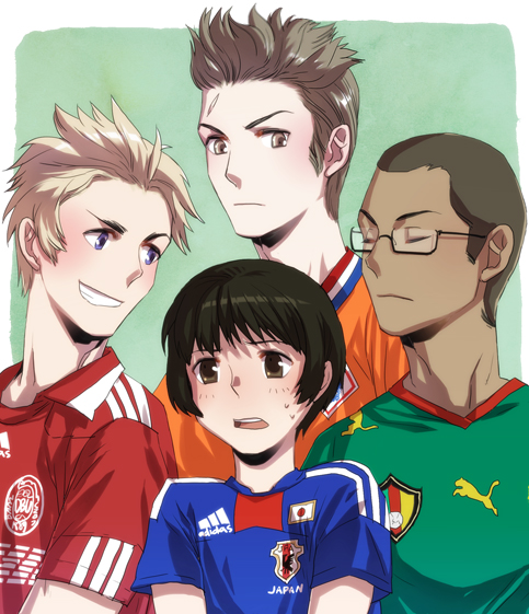 cougar, yurizuka (sergeant heart), cameroon (hetalia), denmark (hetalia), japan (hetalia), netherlands (hetalia), 2010 fifa world cup, adidas, axis powers hetalia, puma (brand), world cup, 4boys, blush, cameroon, clothes writing, glasses, male focus, multiple boys, scar, short hair, sideburns, soccer, spiked hair, sportswear