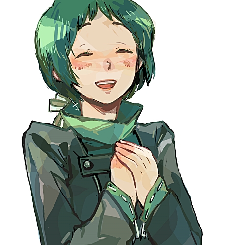 sutei (giru), yamagishi fuuka, atlus, persona, persona 3, lowres, closed eyes, green hair, happy, school uniform, short hair, simple background, smile, solo, white background