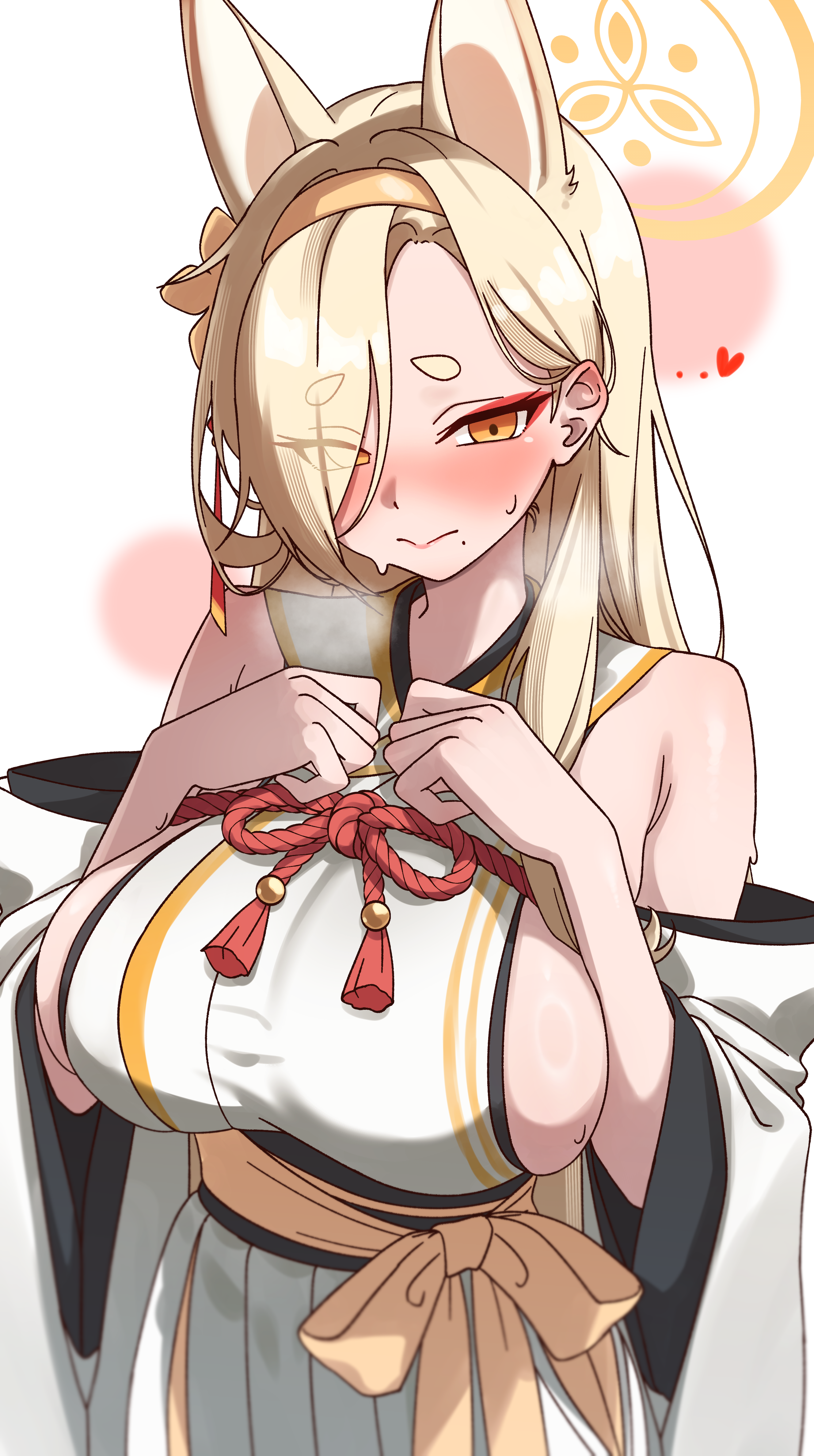 kaho (blue archive), blue archive, absurdres, commentary, highres, 1girl, animal ears, armpit crease, bare shoulders, blonde hair, blush, breast suppress, breasts, closed mouth, cowboy shot, detached sleeves, extra ears, eyes visible through hair, flower, fox ears, fox girl, habomu narim, hair flower, hair ornament, hair over one eye, hairband, hakama, hakama skirt, halo, hands up, heart, heavy breathing, japanese clothes, kimono, large breasts, long hair, long sleeves, looking at viewer, mole, mole under mouth, nose blush, orange eyes, orange flower, orange hairband, orange halo, rope, shimenawa, sideboob, sideless kimono, simple background, skirt, sleeveless, sleeveless kimono, solo, standing, sweat, tassel, thick eyebrows, white background, white hakama, white kimono, wide sleeves