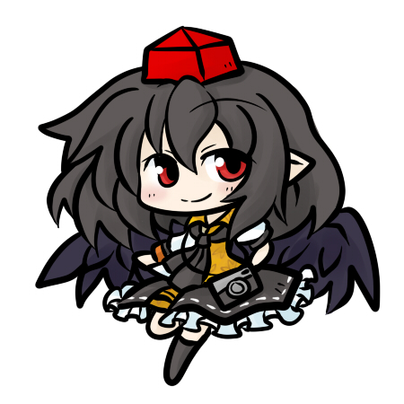yanagi (nurikoboshi), shameimaru aya, touhou, lowres, 1girl, black hair, black wings, camera, chibi, female focus, full body, hat, pointy ears, red eyes, short hair, skirt, smile, solo, tokin hat, white background, wings