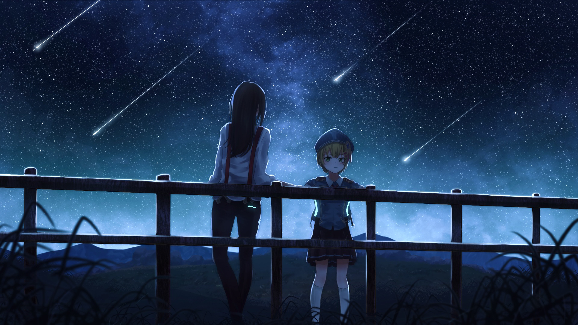 asukake project, maruyama kanata, yanagi mion, heaven burns red, commentary request, highres, 2girls, against railing, black hair, brown hair, long hair, multiple girls, railing, scenery, shooting star, short hair, sky, star (sky), starry sky