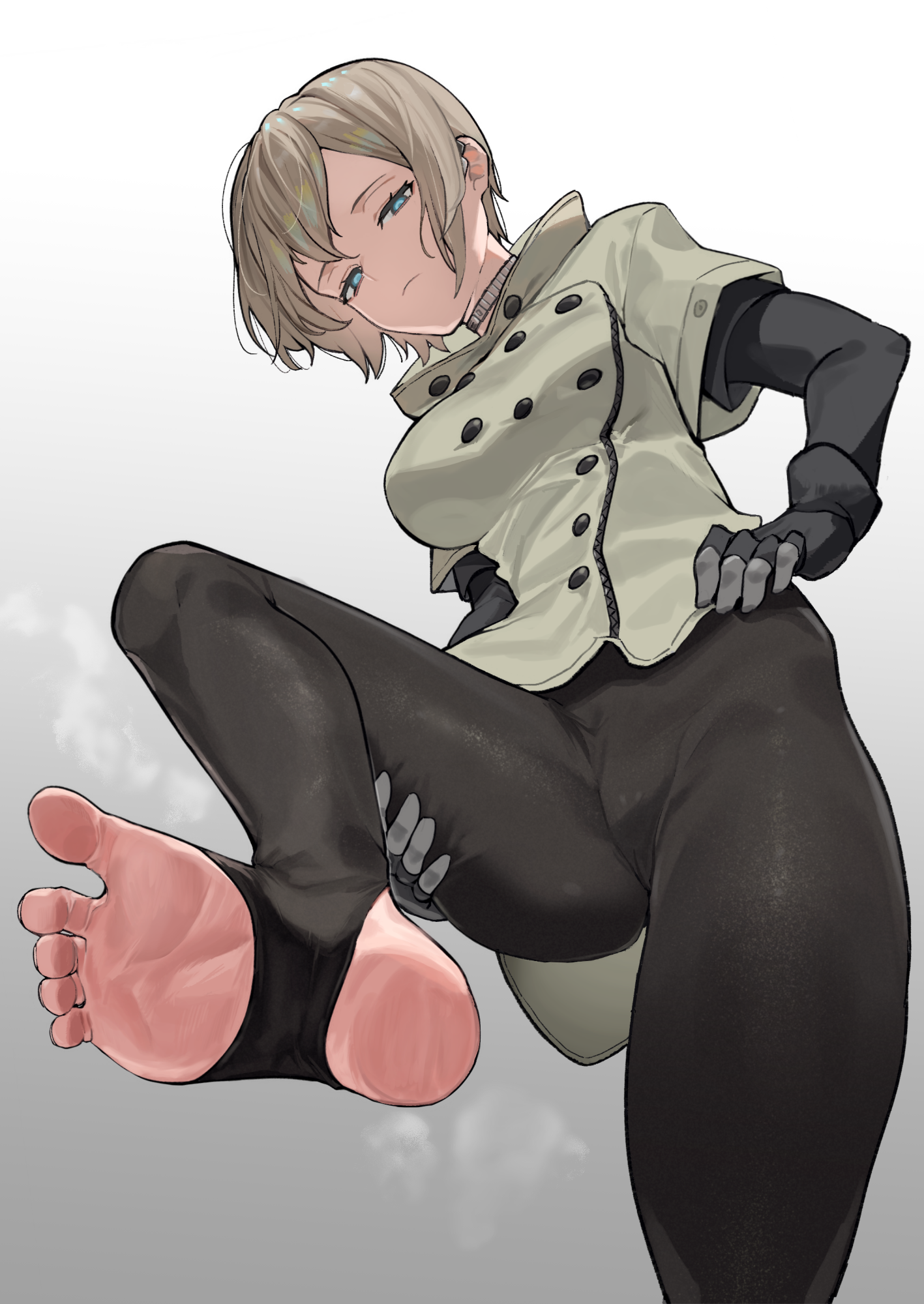 saidasai, accessory (freedom wars), freedom wars, commentary request, commission, highres, skeb commission, 1girl, android, barefoot, black gloves, blonde hair, blue eyes, choker, disgust, empty eyes, expressionless, feet, gloves, looking at viewer, short hair, solo, solo focus, spread legs, stirrup legwear, toeless legwear