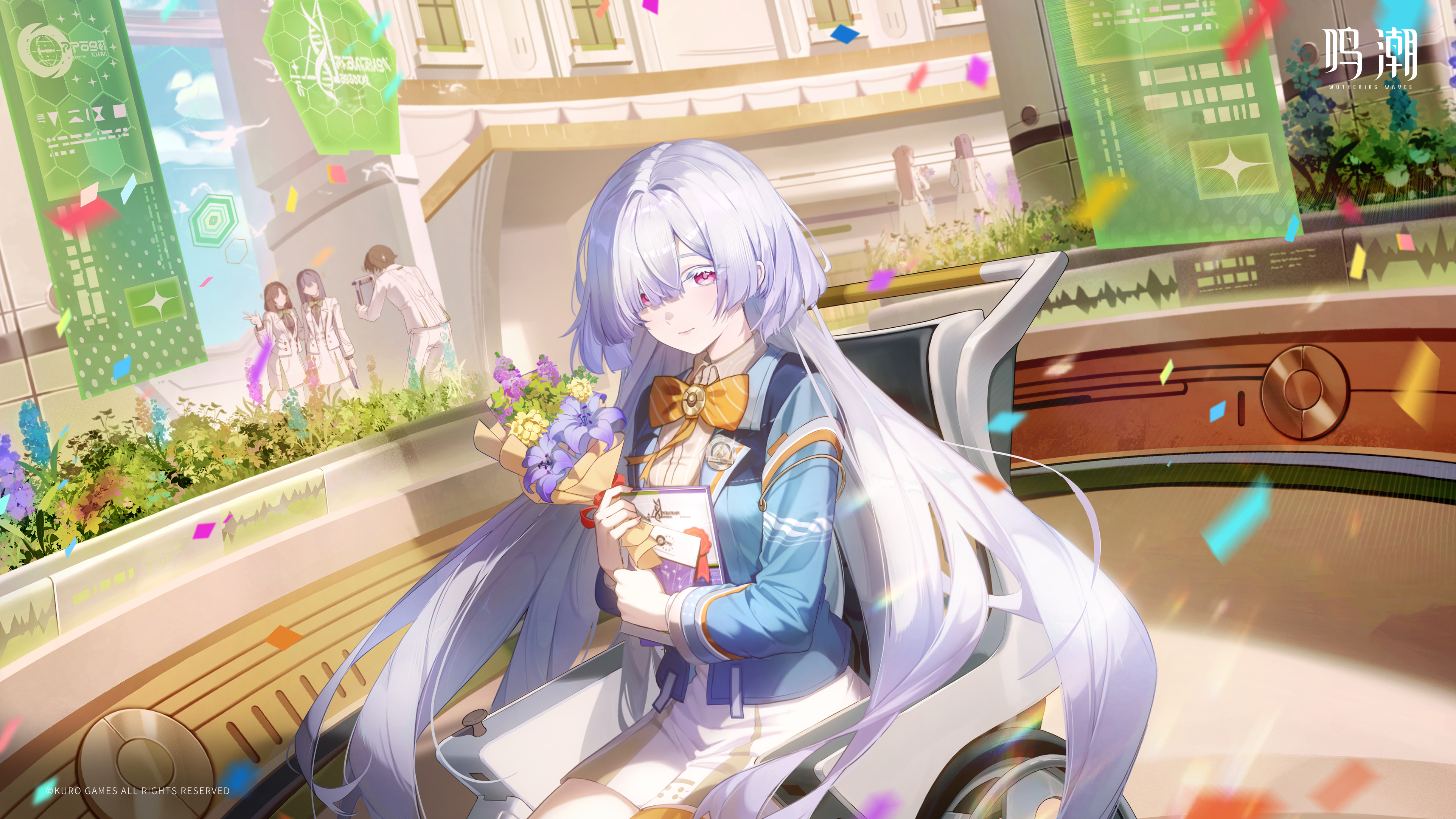 mornye (wuthering waves), wuthering waves, absurdres, chinese commentary, commentary request, highres, official art, 1girl, blue jacket, blue sky, book, bouquet, bow, bowtie, closed mouth, colored eyelashes, confetti, day, dress, flower, graduation, grey hair, holding, holding book, holding bouquet, jacket, logo, long hair, long sleeves, looking at viewer, orange bow, orange bowtie, outdoors, people, red eyes, sky, smile, solo focus, very long hair, wheelchair, white dress
