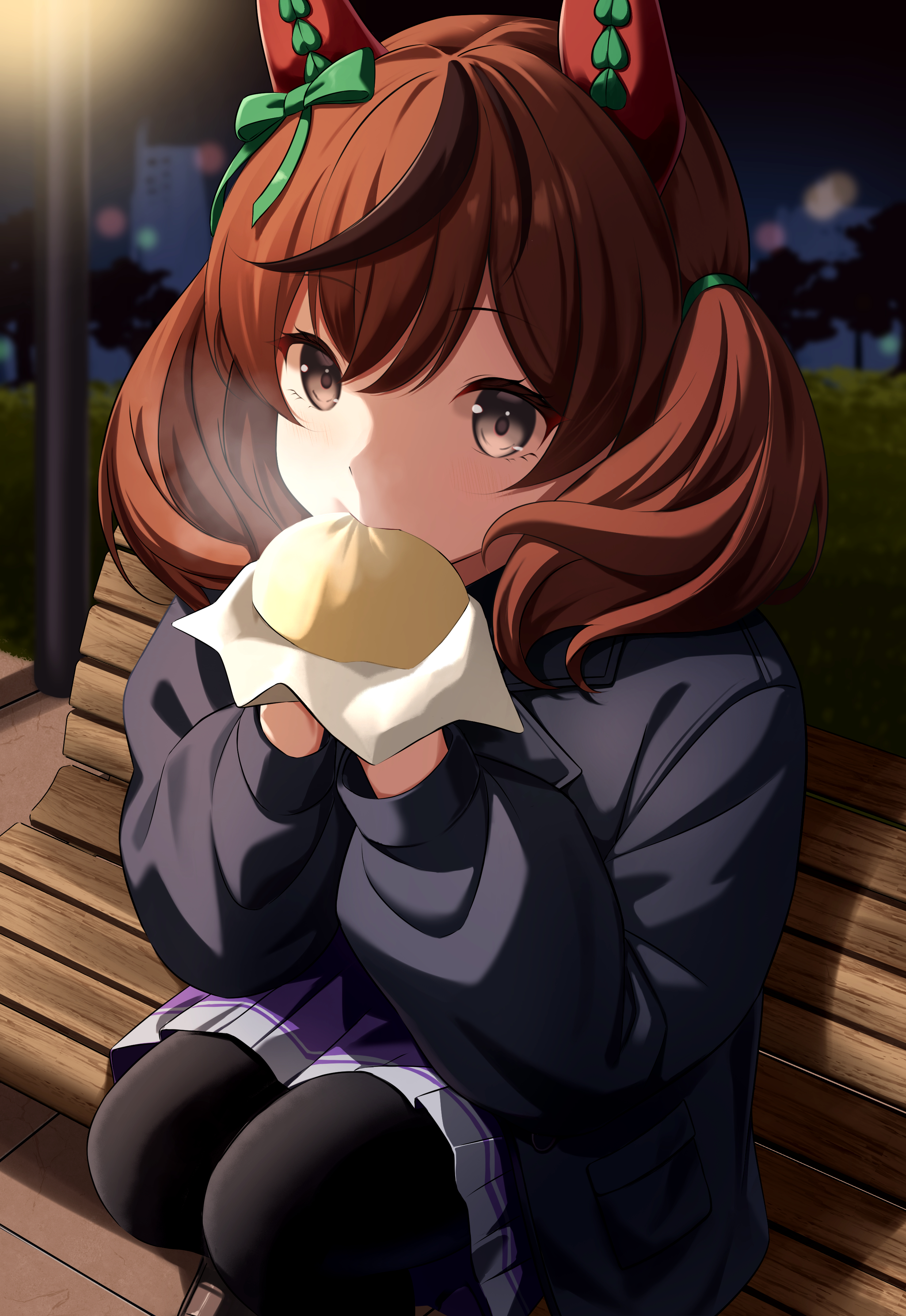 cathy idx, nice nature (umamusume), umamusume, absurdres, commentary request, highres, 1girl, alternate costume, animal ears, black hair, black jacket, black pantyhose, blush, brown hair, eating, food, holding, holding food, horse ears, horse girl, horse tail, jacket, long sleeves, looking at viewer, multicolored hair, on bench, pantyhose, pleated skirt, purple skirt, school uniform, sitting, skirt, solo, steamed bun, streaked hair, tail, tracen school uniform, twintails