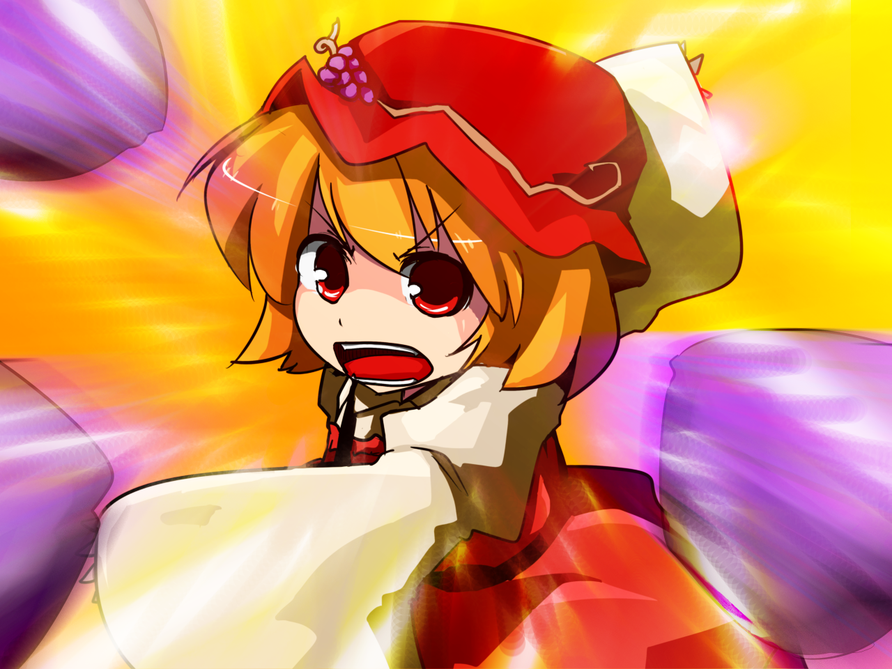 taniya raku, aki minoriko, touhou, 1girl, female focus, food, fruit, grapes, hat, looking at viewer, mob cap, no pupils, open mouth, orange hair, short hair, solo, throwing