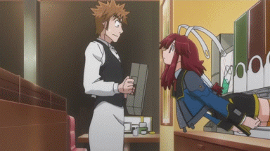 plug cryostat, sento oumi, fight ippatsu! juuden-chan!!, uniform, animated, animated gif, anime screenshot, lowres, 1boy, 1girl, 3 hit combo, angry, blush, briefcase, brown hair, flying, fourth wall, hair ornament, hitting, jacket, long hair, miniskirt, necktie, open mouth, orange thighhighs, red hair, shoes, short hair, skirt, spiked hair, star (symbol), thighhighs, uppercut, vest, violence, zettai ryouiki