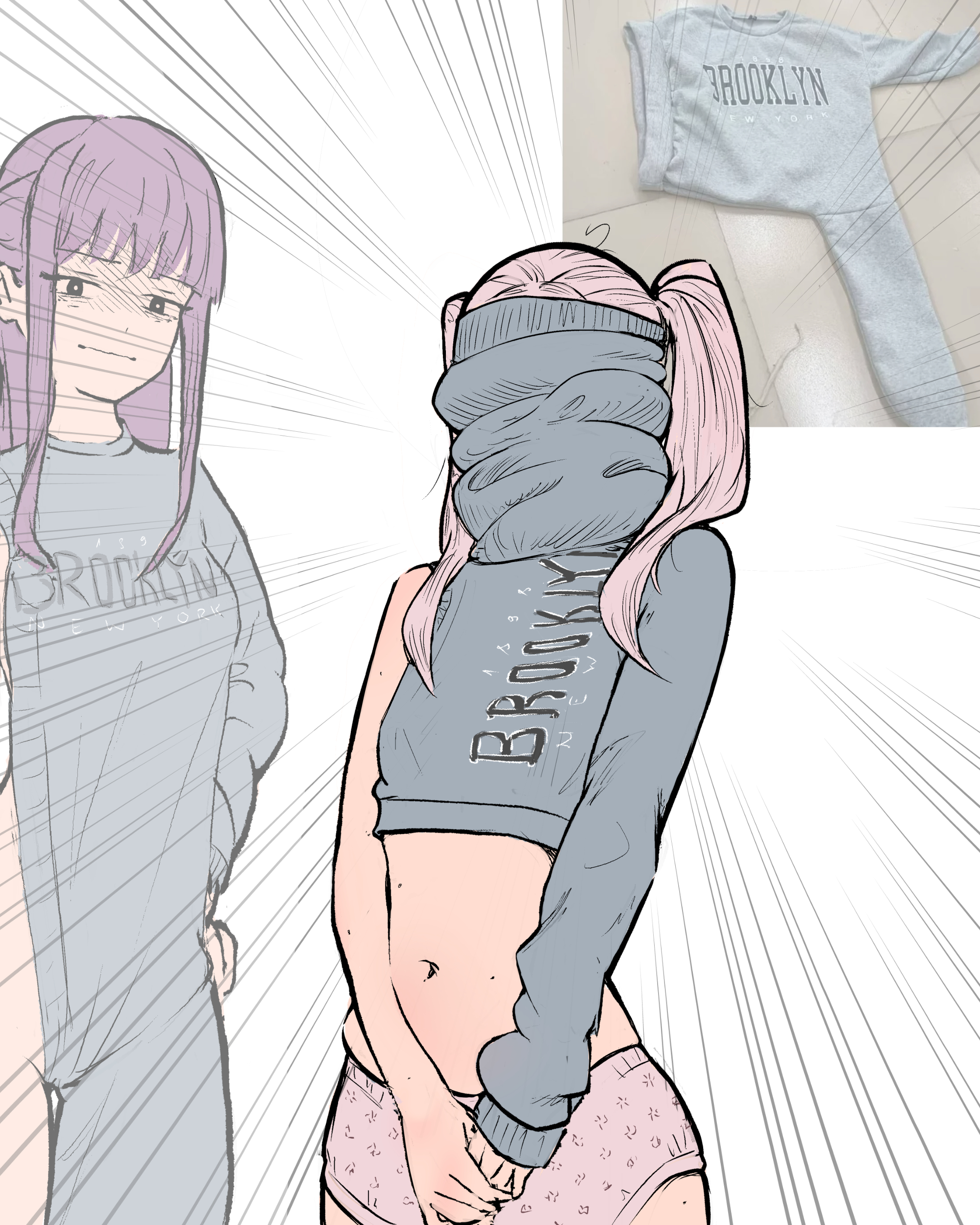 mawaw, fern (sousou no frieren), frieren, sousou no frieren, absurdres, commentary, english commentary, highres, 2girls, brooklyn sweater, covered face, cowboy shot, emphasis lines, grey hair, midriff, multiple girls, navel, purple hair, reference inset, sideless sweater, single sleeve, twintails, white background, you're doing it wrong