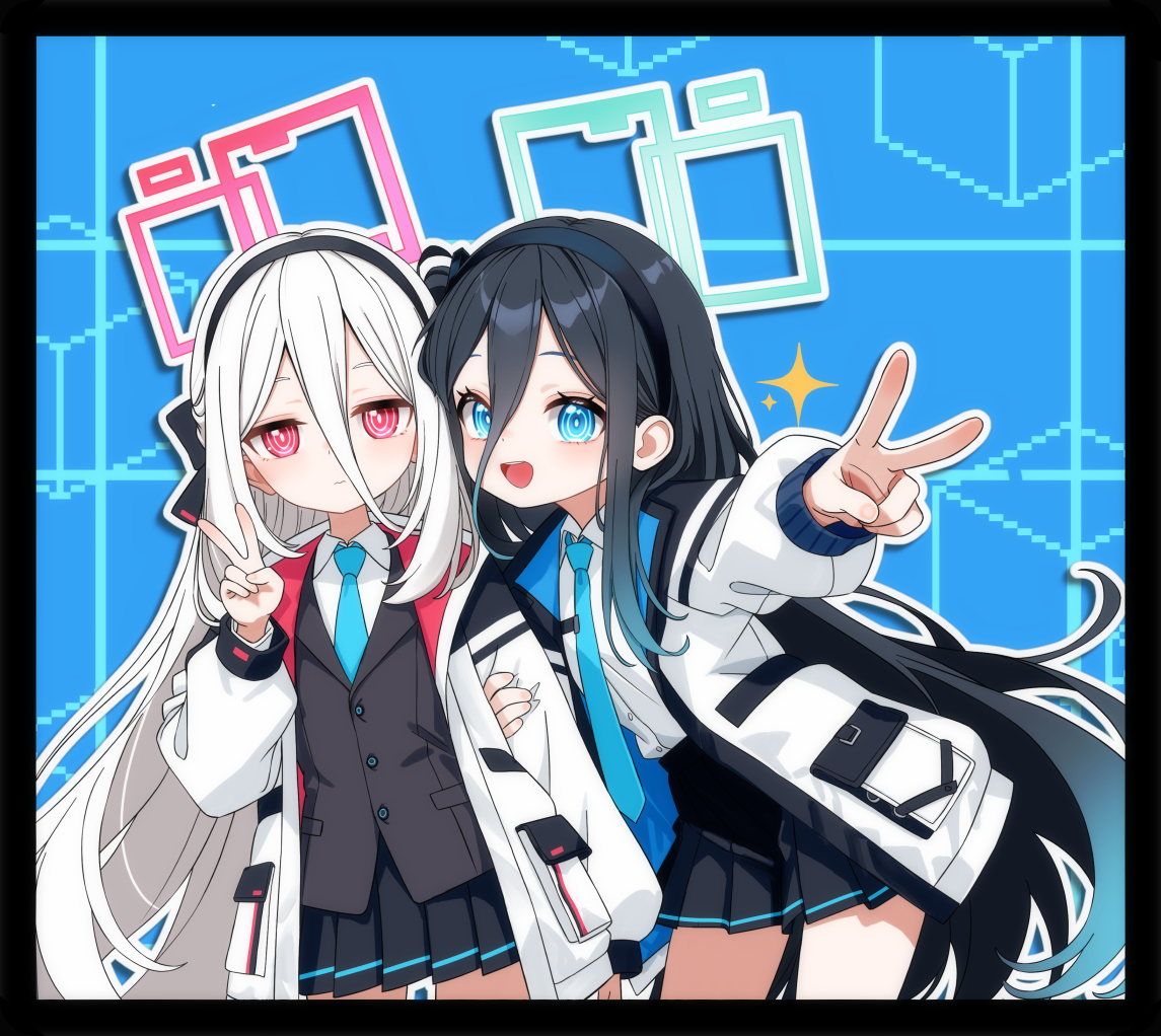 mutsuse, aris (blue archive), kei (blue archive), blue archive, commentary request, 2girls, black hair, black hairband, black skirt, blue eyes, blue necktie, green halo, hair between eyes, hairband, halo, jacket, long hair, looking at viewer, multiple girls, necktie, outline, pink halo, ringed eyes, shirt, skirt, v, white hair, white outline