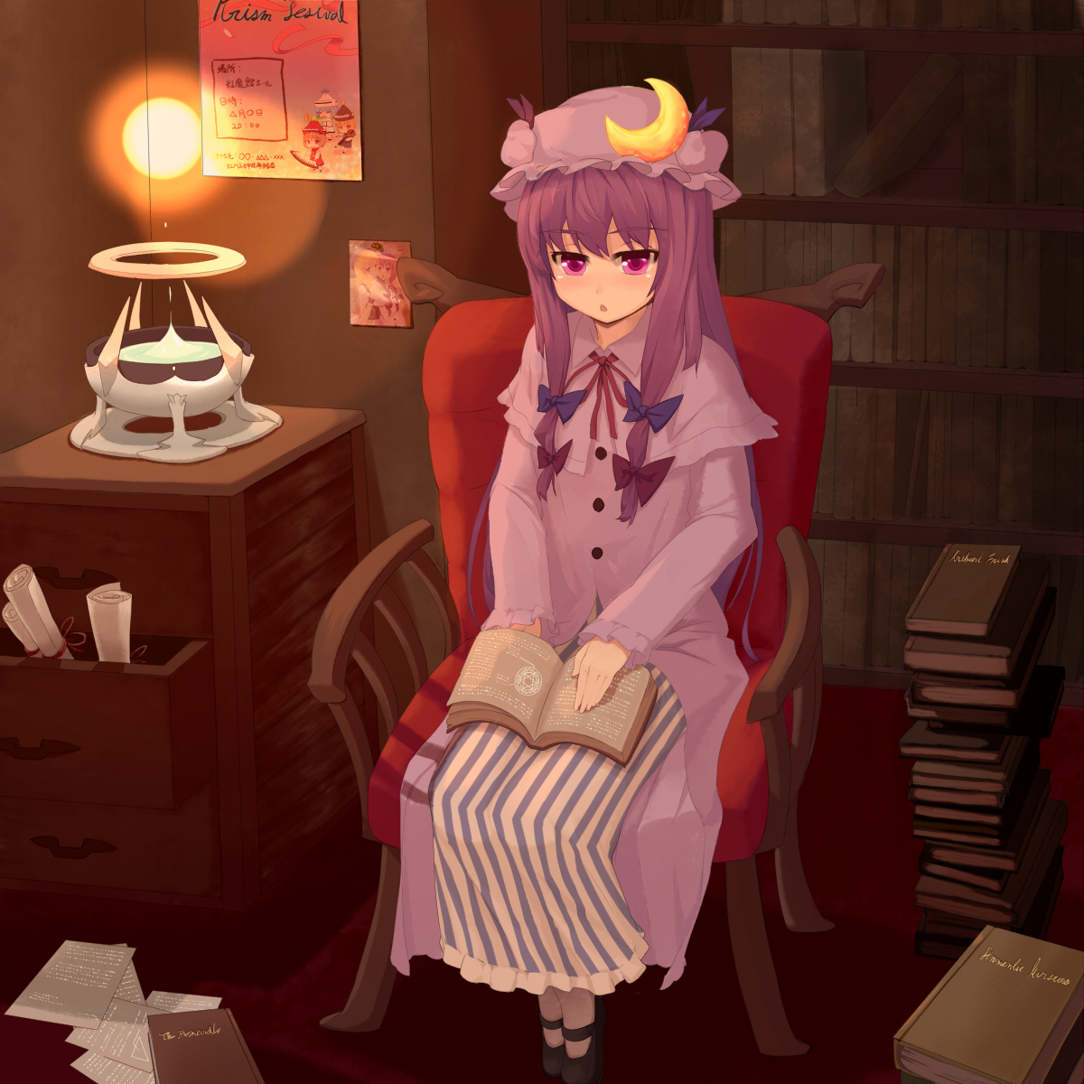 ket-c, patchouli knowledge, touhou, bad id, bad pixiv id, highres, 1girl, book, book on lap, chair, dress, female focus, full body, hat, indoors, mob cap, sitting, solo
