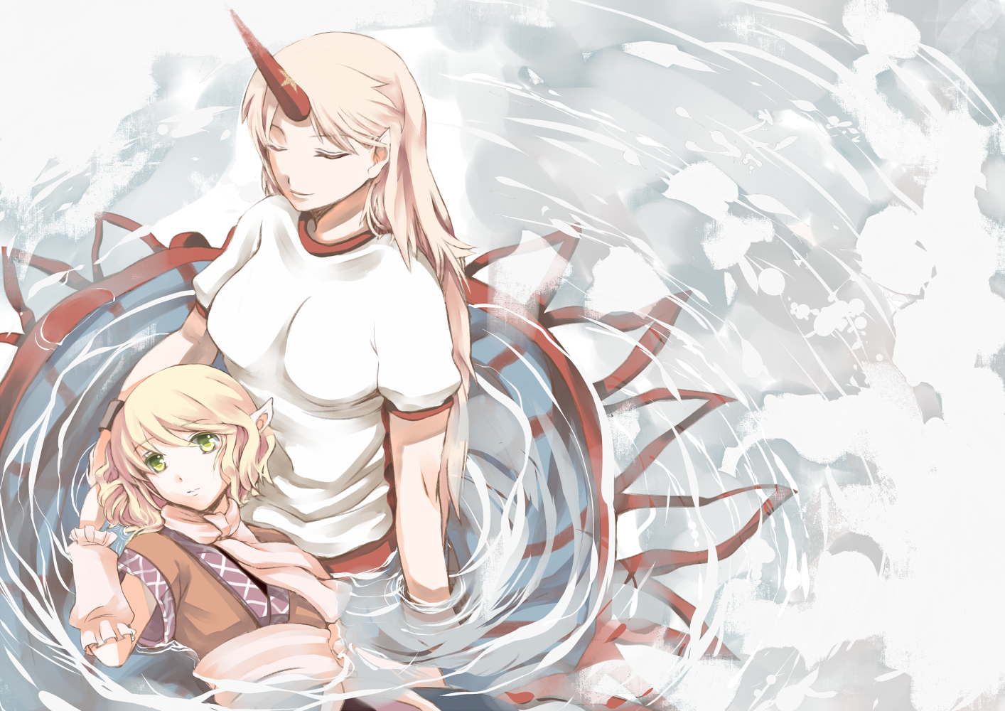 atoki, hoshiguma yuugi, mizuhashi parsee, touhou, 2girls, arm warmers, blonde hair, closed eyes, female focus, from above, holding hands, horns, long hair, lying, multiple girls, on back, pointy ears, scarf, shirt, short hair, single horn, skirt, standing, t-shirt, wading, water, yellow eyes, yuri