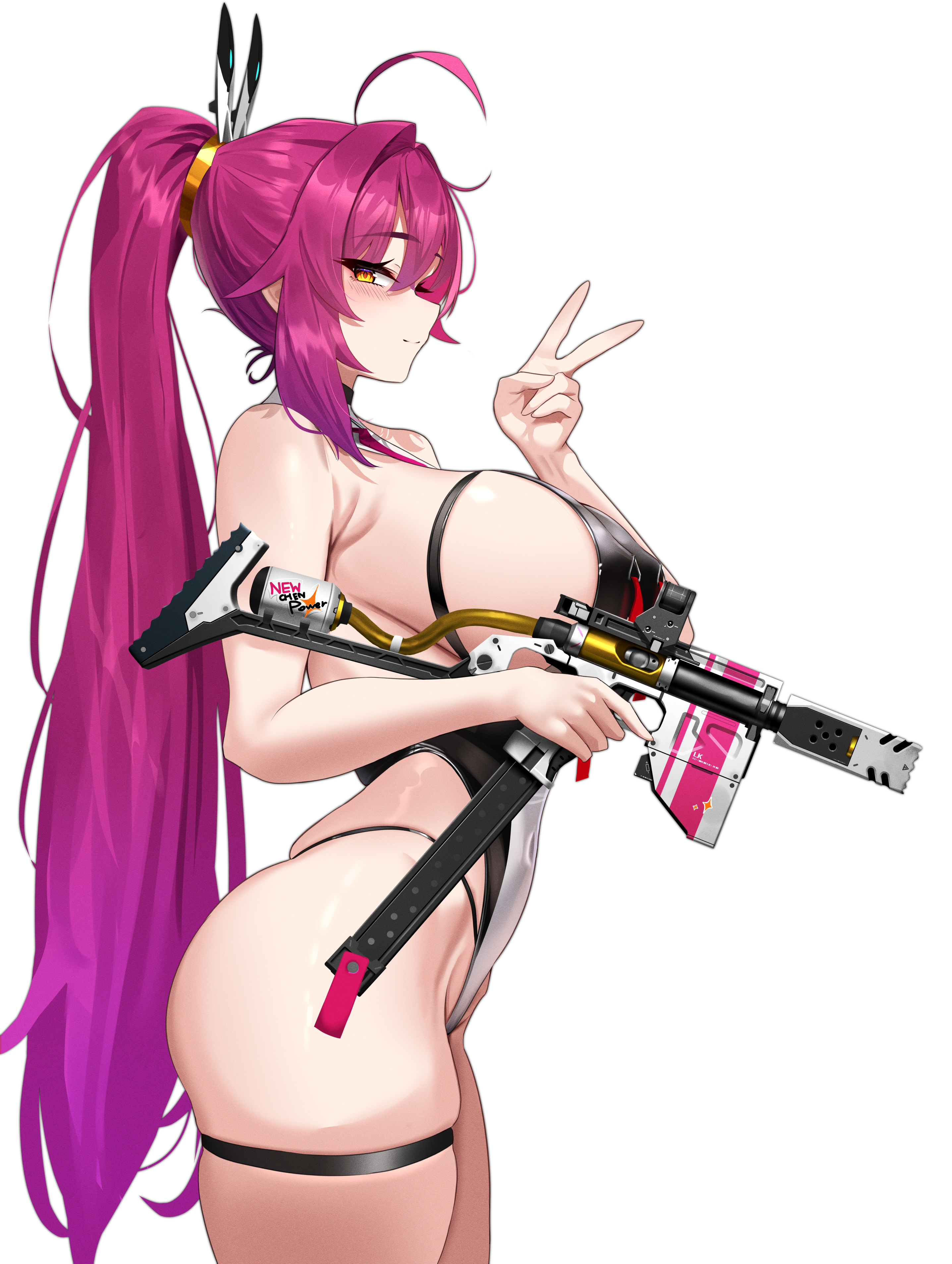 rynn (rynn cube), new (lk), original, absurdres, commentary, commission, english commentary, highres, pixiv commission, 1girl, ahoge, black leotard, borrowed character, breasts, gun, holding, holding gun, holding weapon, huge breasts, leotard, long hair, looking at viewer, pink hair, ponytail, scope, simple background, smile, solo, strapless, strapless leotard, submachine gun, thick thighs, thigh strap, thighs, v, weapon, white background